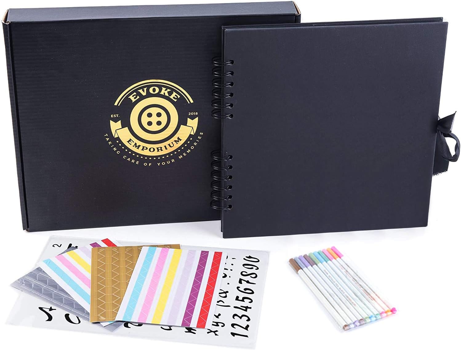 Evoke Emporium BLACK EDITION, Scrapbook Photo Album, DIY, Family, Anniversary, Wedding, Baby, Travel Scrapbook + Scrapbooking Accessories + Storage Gift Box (UK Brand). (Black)