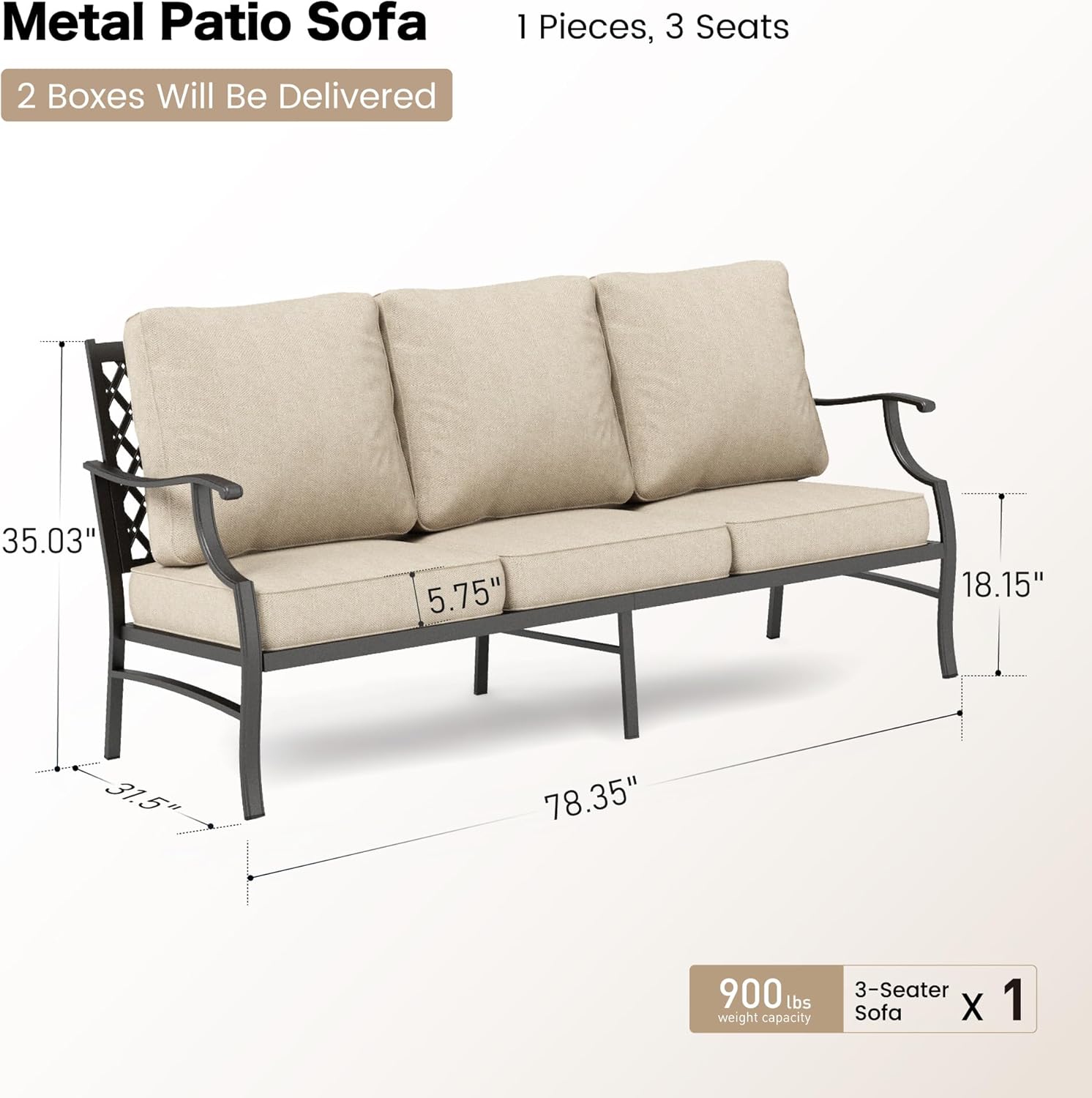SUNSHINE VALLEY Metal Patio Furniture Sofa with 5.75" Super-Thick Waterproof Cushion, 3-Seater Deep Seating & High-Back Outdoor Couch for Patio Backyard Deck Front Porch