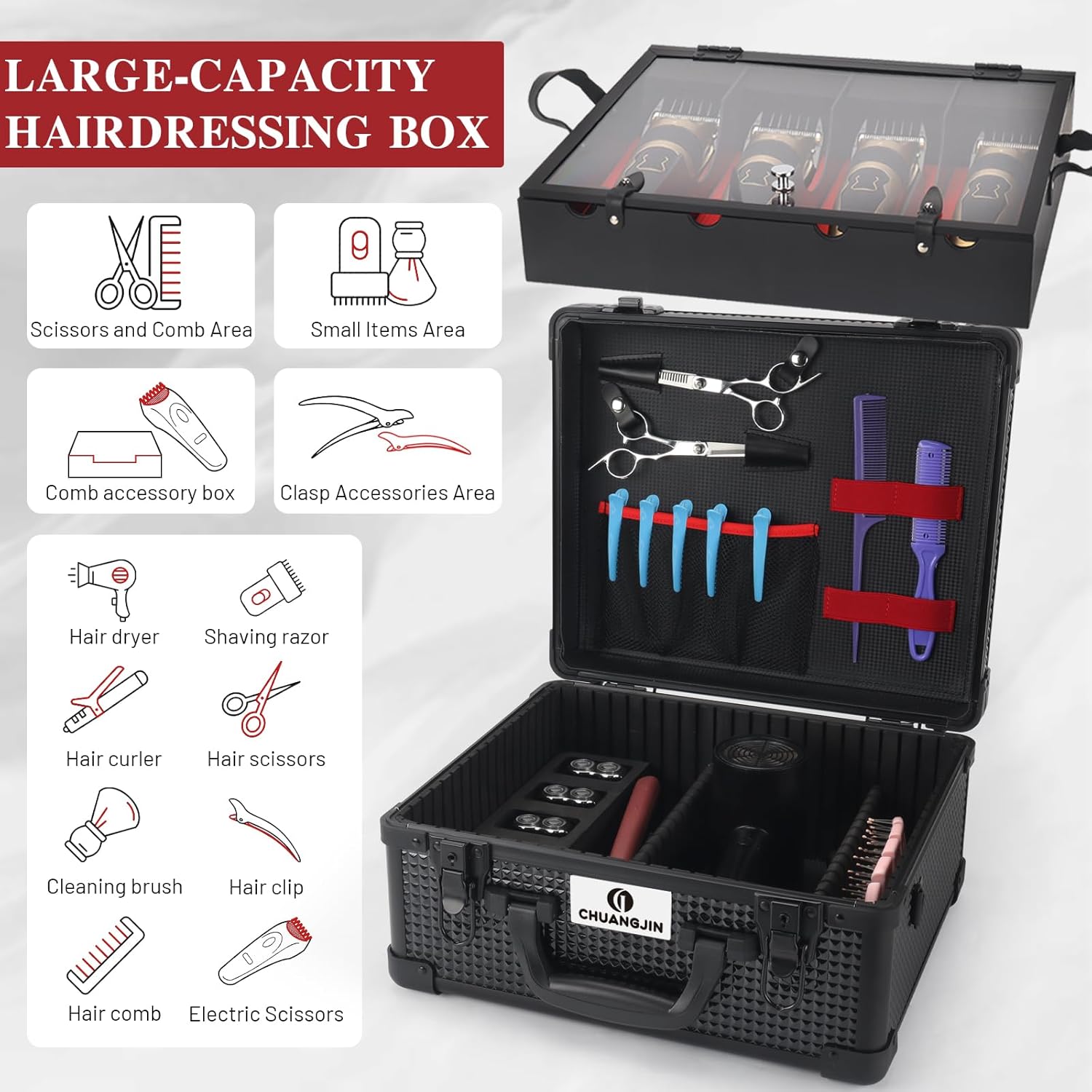 Large Barber Carrying Case, Hairdresser Tool Box Organizer Traveling Case, Portable Travel Barber Suitcase for Hair Stylist Pet Groomer Beauty Salon Makeup Artist - Image 3