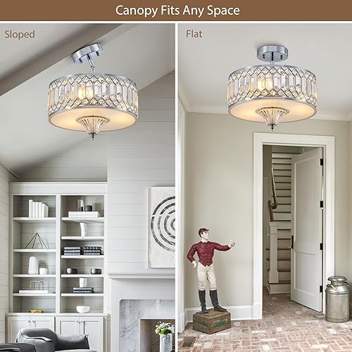 Miniatura 5 de peskoe Modern Crystal Ceiling Light Fixture, 3-Light Chandelier Crystal for Bedroom Living Dining Room Kitchen, Round Chrome Drum Ceiling Lamp, 13