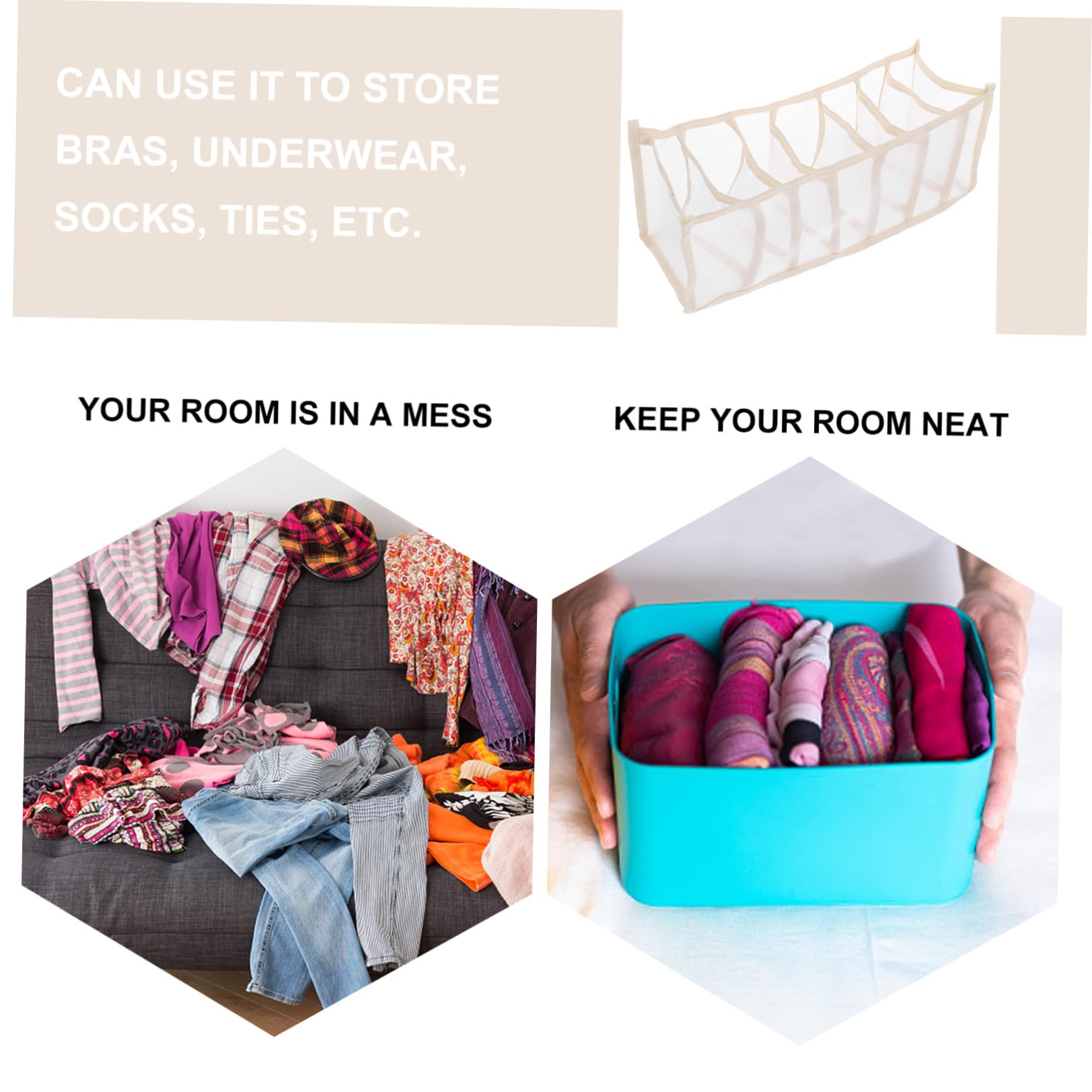 Générique Bac de Rangement pour Sous-vêtements en Nylon Beige 7 Compartiments, Plateau de Rangement Pratique pour Chaussettes et Lingerie, pour Tiroirs Organisés