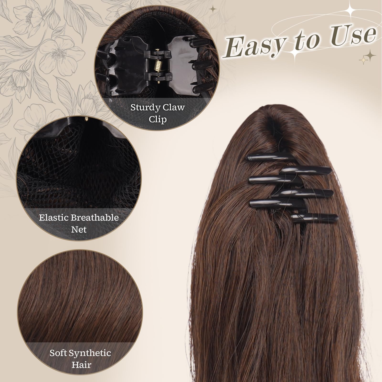 FESHFEN Coda Capelli Extension con Pinza 50 cm Lunga Ondulato Coda di Cavallo Clip Extension Marrone Cioccolato Sintetico Claw Clip in Ponytail per Donna