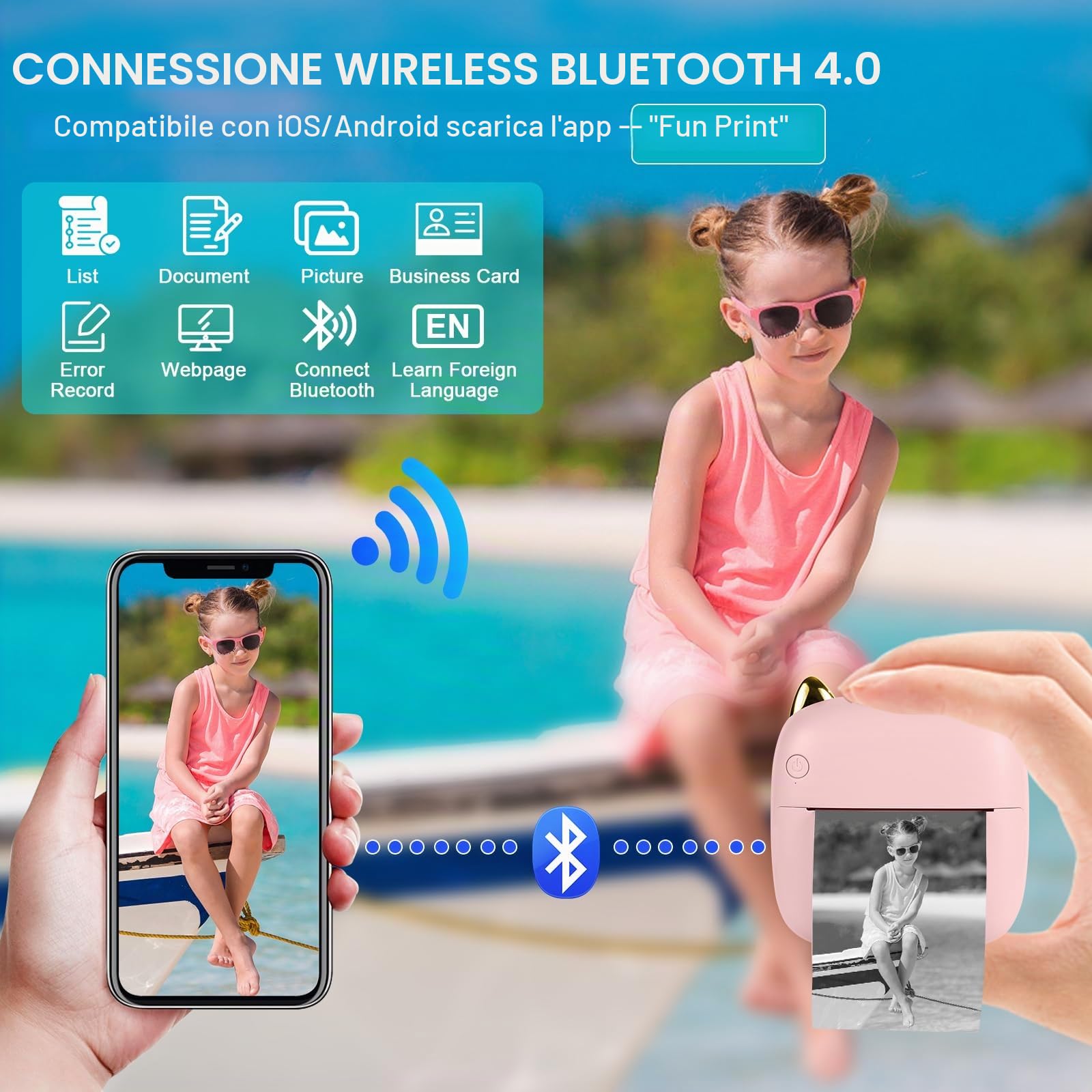 Mini Stampante Fotografica Termica Portatile Bluetooth con LED, Ricarica USB per Note e Diario