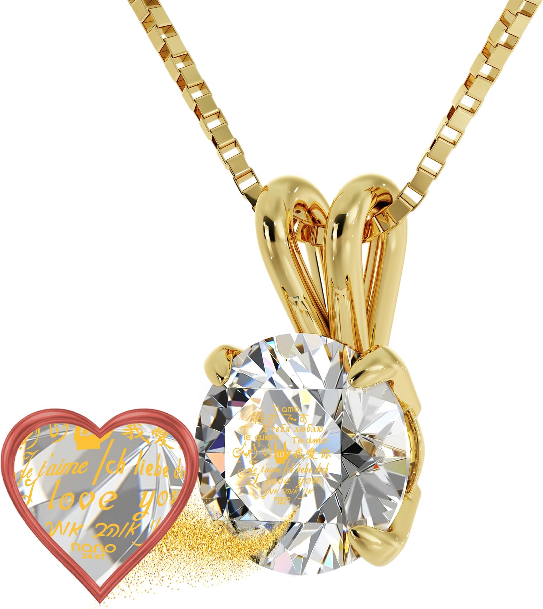 14k Yellow Gold I Love You Necklace in 12 Languages Inscribed in Pure Gold in Miniature Text on a Cubic Zirconia Solitaire Pendant, 18" Gold Plated Silver Box Chain