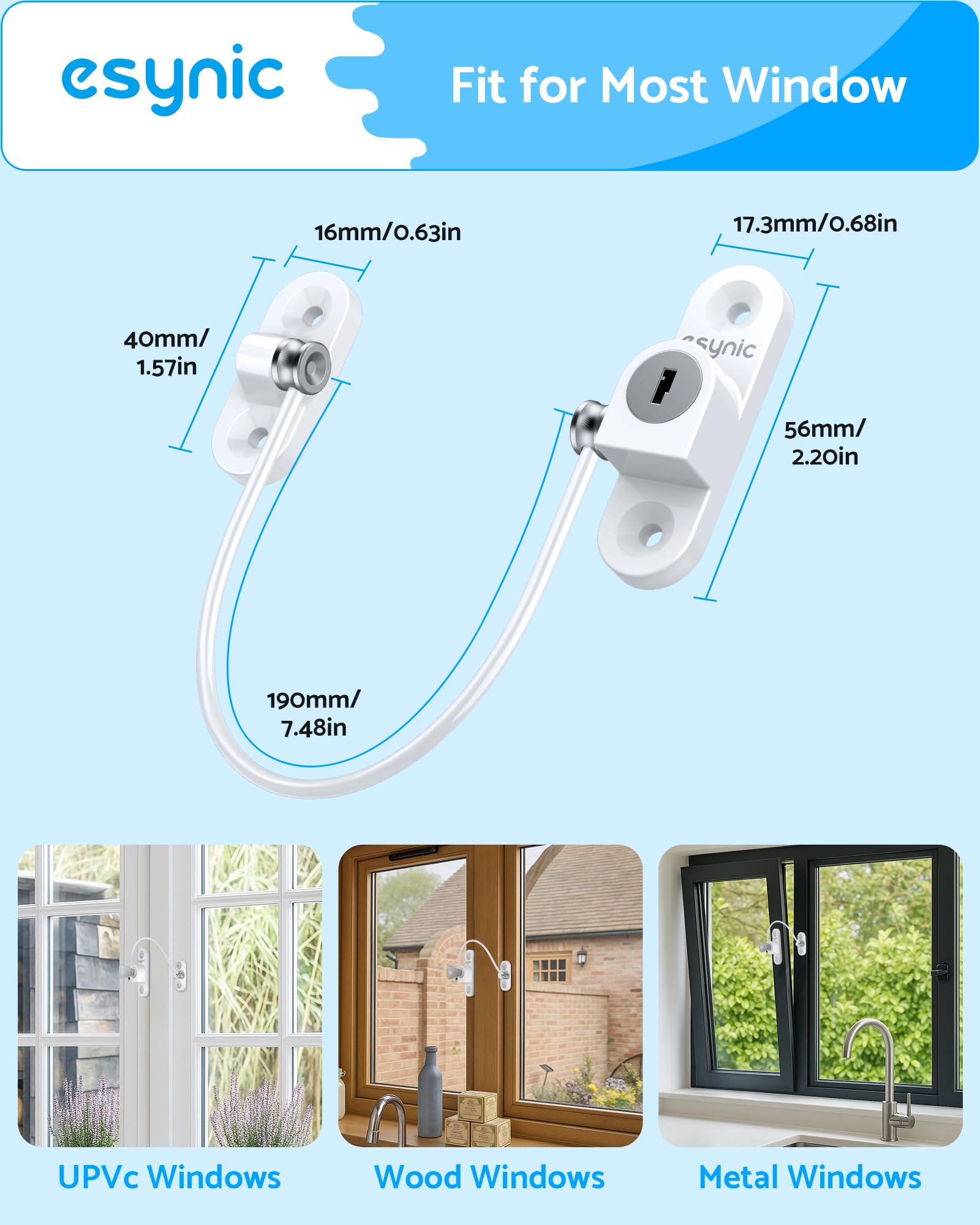 eSynic Confezione da 20 limitatori per finestre per la sicurezza dei bambini in UPVC, resistenti, con filo lungo 185 mm, serrature di sicurezza antifurto, in legno uPVC, per casa, ufficio, fabbrica