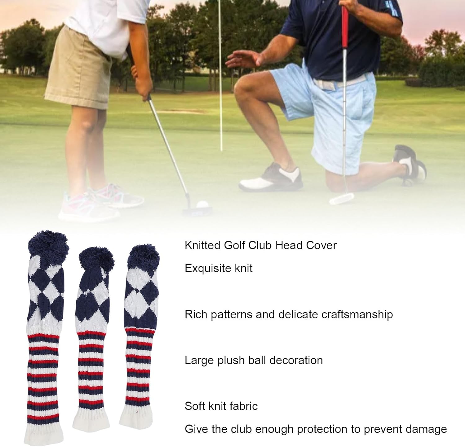Knitted Golf Covers Set, 3Pcs Golf Cover Pattern Plush Ball Protective Scratch with Long Neck Golf Headcovers for Driver and Fairway Woods