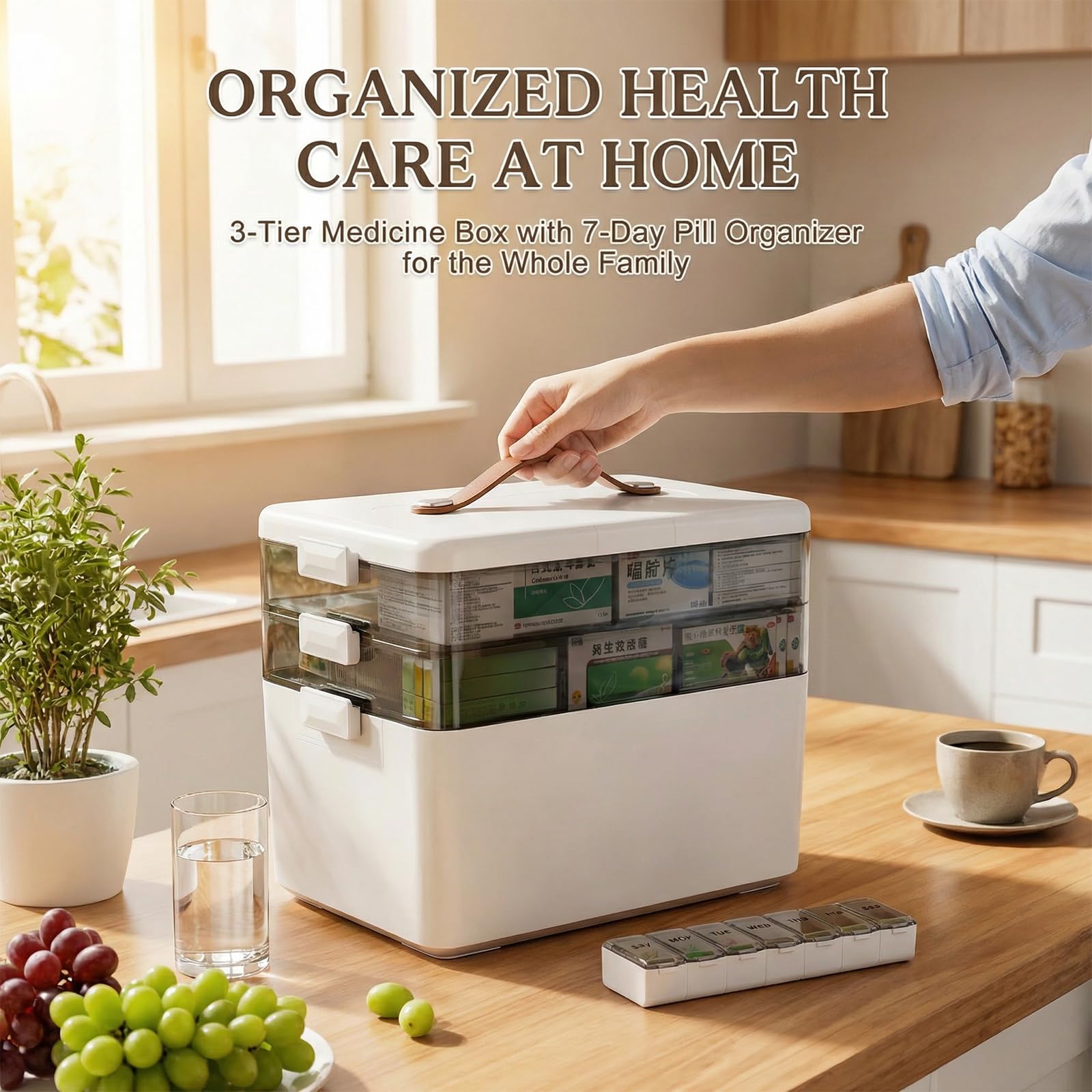 Porta Medicine a 3 Livelli – Organizer Medicinali da Casa, Scatola Medicinali Grande con 28 Scomparti, Contenitore per Medicinali con Maniglia, per Famiglia, Ufficio, Scuola e Viaggio