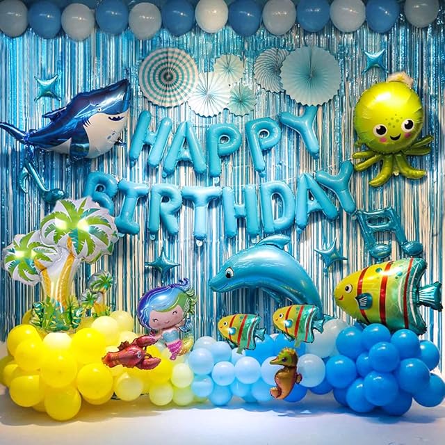 Gerlish Ocean Animals Birthday Party Decoration For Kids Blue Backdrop Shark and Dolphin Balloons Birthday Party Supplies