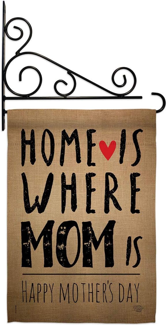 Home is Where Mom Garden Flag Set Wall Holder Family Mother Day Mama Grandma Love Flowers Parent Sibling Relatives Grandparent Small Gift Yard House Banner Made In USA 13 X 18.5