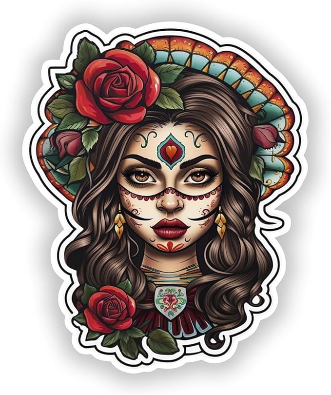 Sticker Day of The Dead Sugar Skull Rose Patriotic Mexico Vinyl Decal Waterproof Weather Resistant Letters Estado Aguila Mexican Flag Design Perfect for Car Truck Bumper Laptop Tumbler (6 inch)