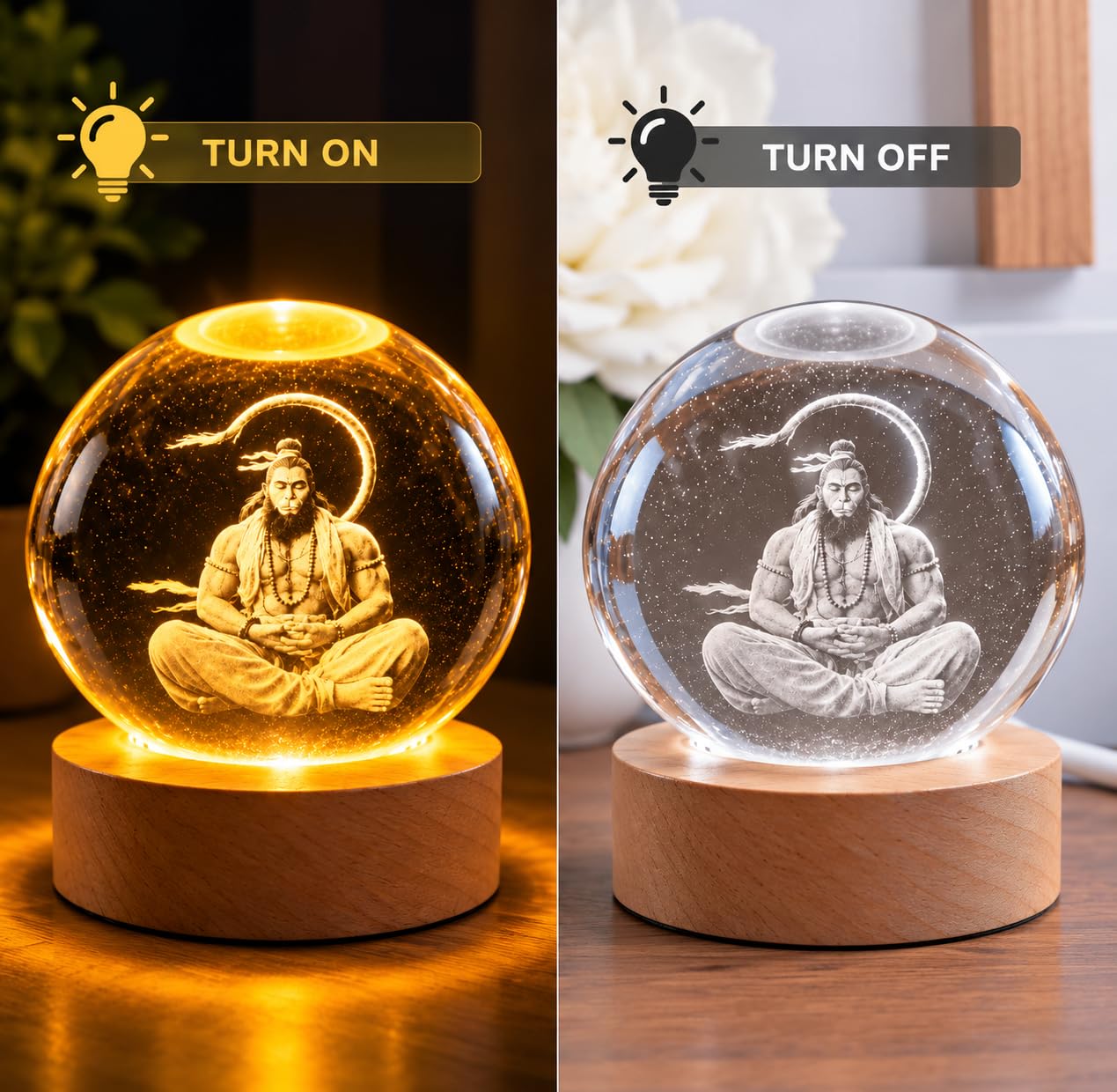 Meditating Hanuman Crystal Ball Lamp - USB LED -2