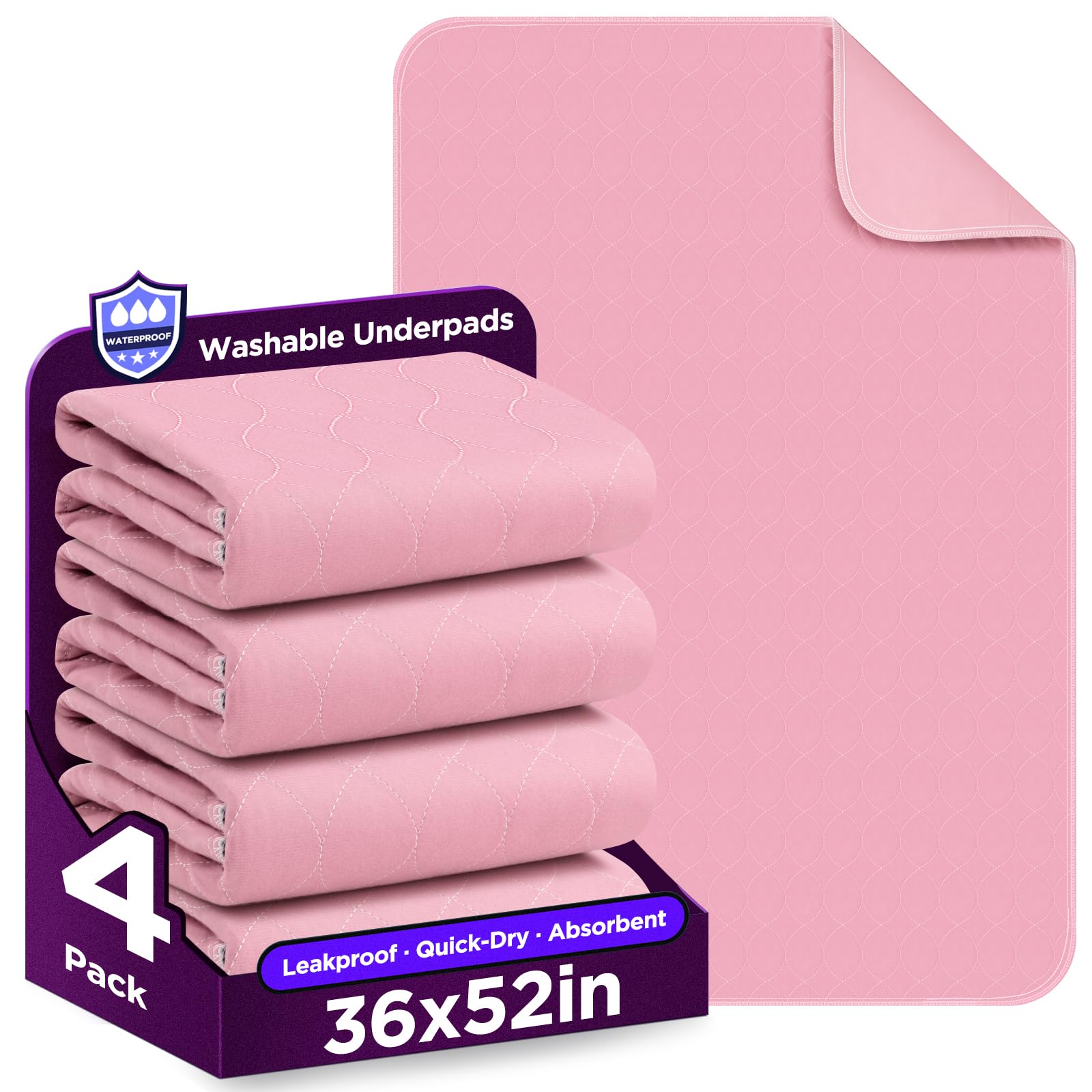 Washable Bed Pads 36" x 52" - 4 Pack, Pink, Waterproof Bed Pads for Incontinence, Bed Wetting Pads for Bed, Sofa, Floor, Resuable Underpads for Adults, Seniors, Pet