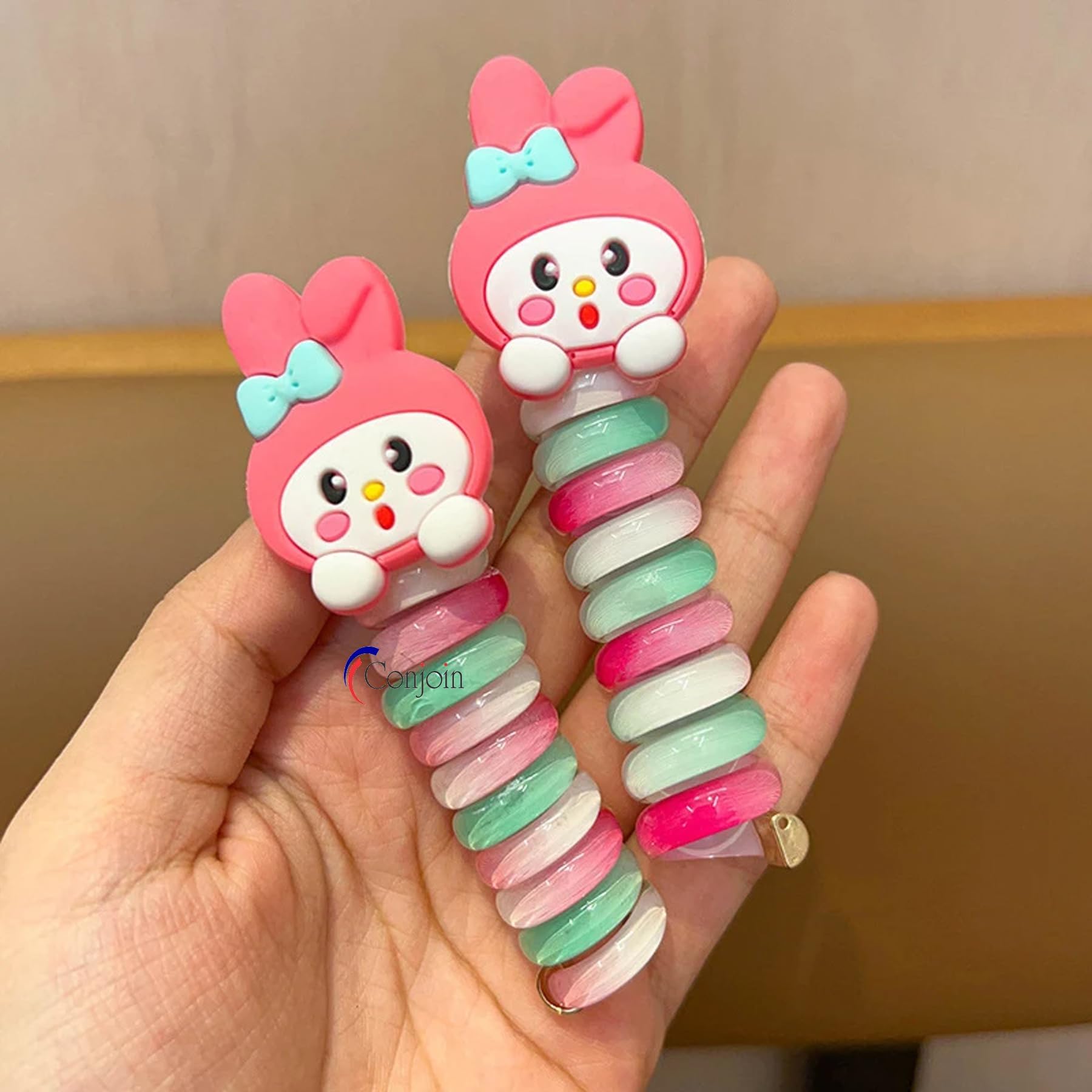 Conjoinยฎ Telephone Wire Elastic Hair Band ties For Girls Kids Women Cartoon Accessories Pack of 2, Random Character Colors