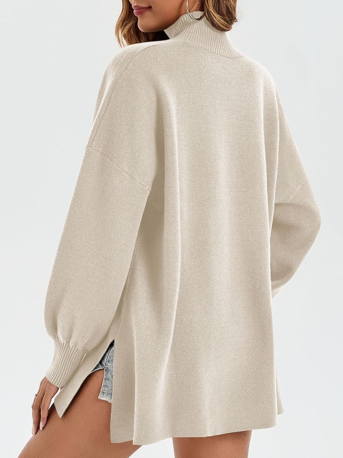 Saodimallsu Womens Turtleneck Oversized Sweaters Puff Sleeve Side Slit Casual Knit Tunic Pullover Tops - Image 5