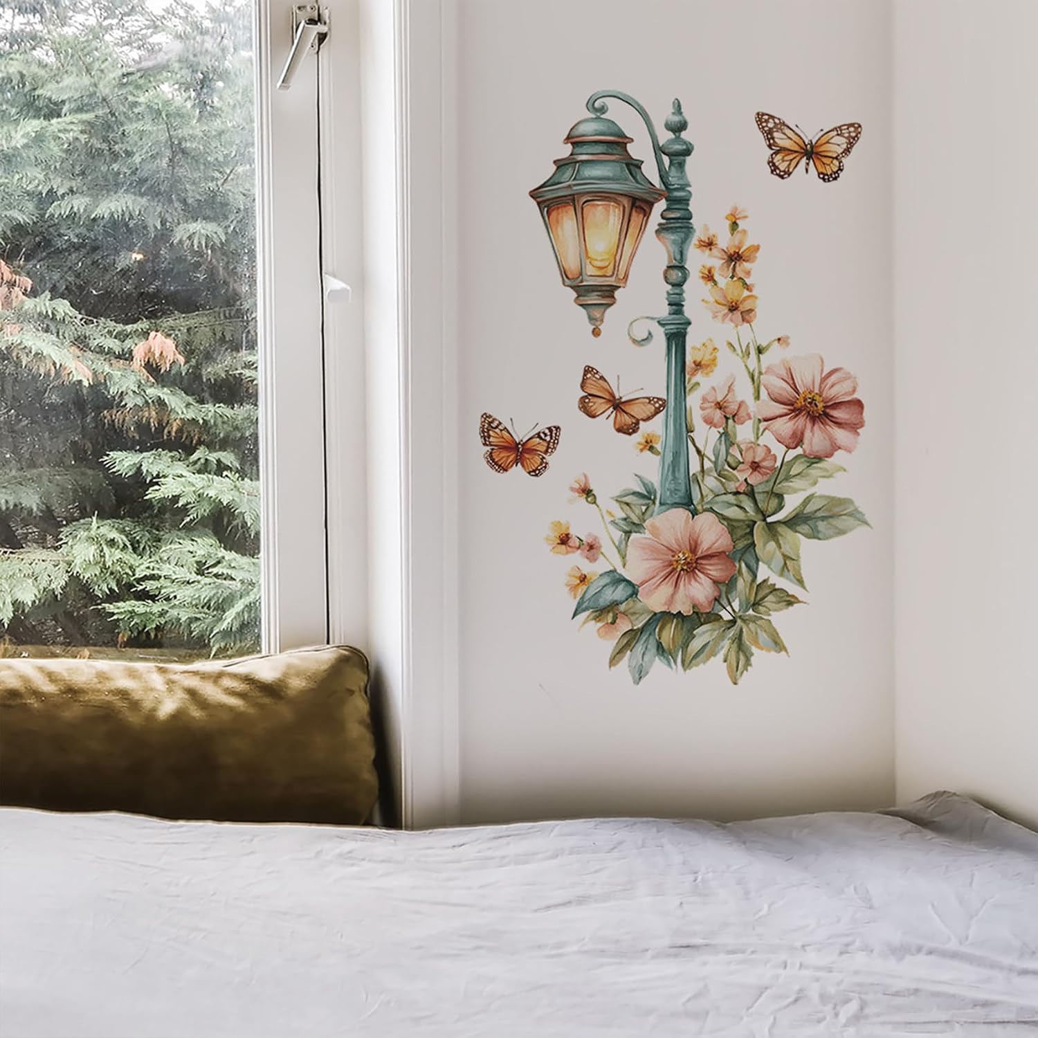 Street Lamp Flower Butterfly Wall Stickers, Streetlight Floral Art Wall Decals Removable Vinyl Peel and Stick Wallpaper for Bedroom Living Room Sofa TV Background Home Decor image 3