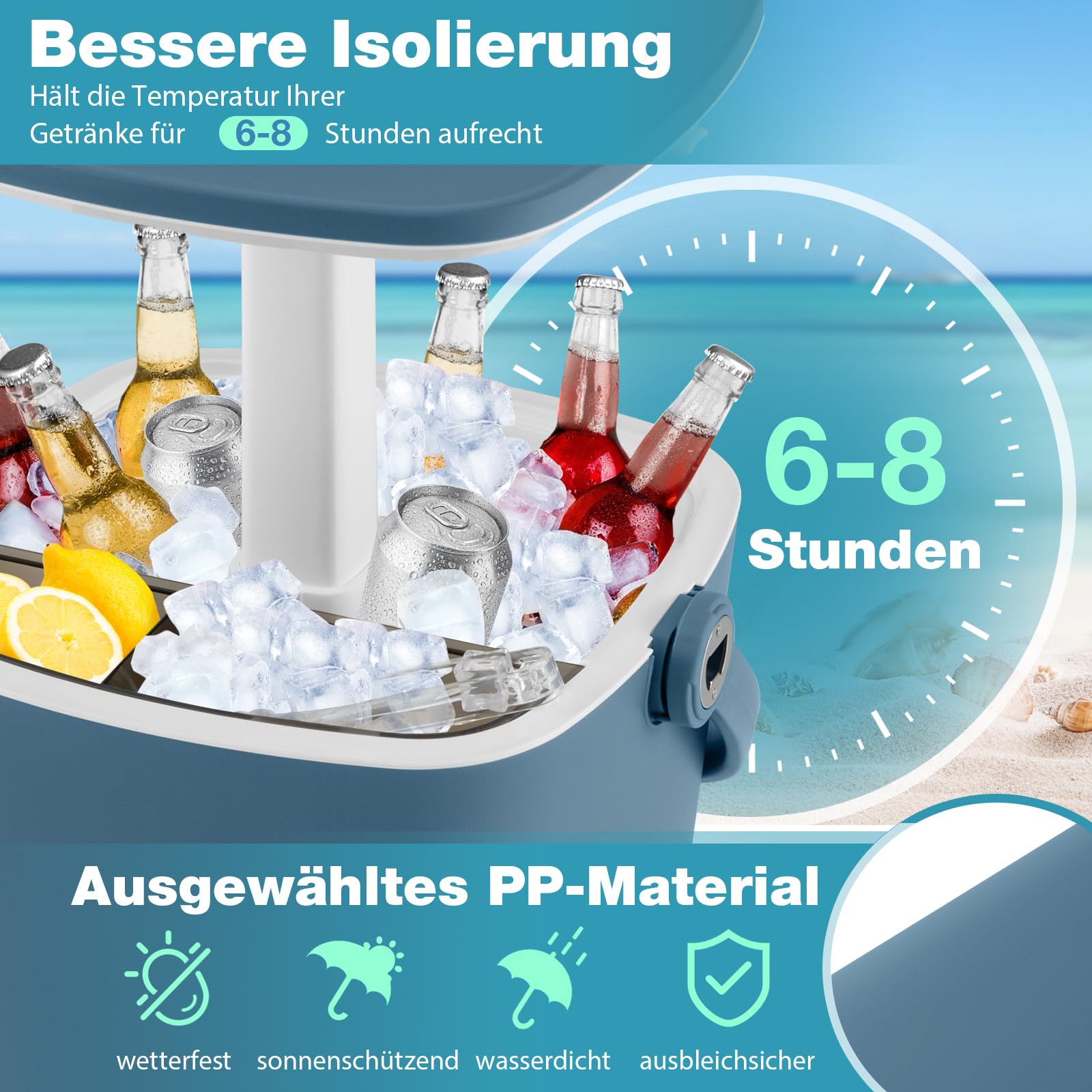 GYMAX Cool Bar con asa, enfriador de cerveza y vino portátil de 15 L con pinzas de hielo y abrebotellas, mesa auxiliar 3 en 1 con compartimento interior, incluye función de refrigerador, enfriador de