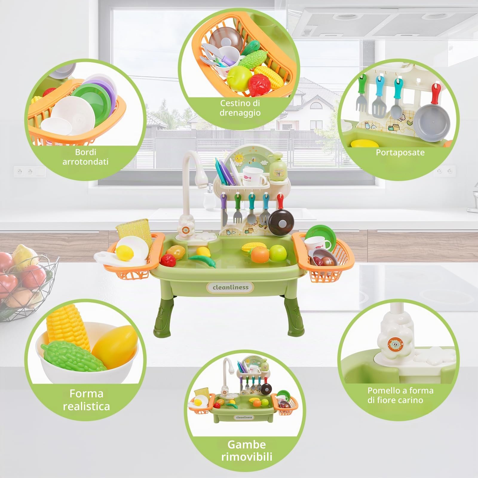 Lavello giocattolo con acqua di rubinetto,Lavandino Giocattolo per Bambini,Set di giocattoli da cucina con rubinetto funzionante con Portapiatti e Giocattoli Alimentari per ragazzi ragazze 3 4 5 6