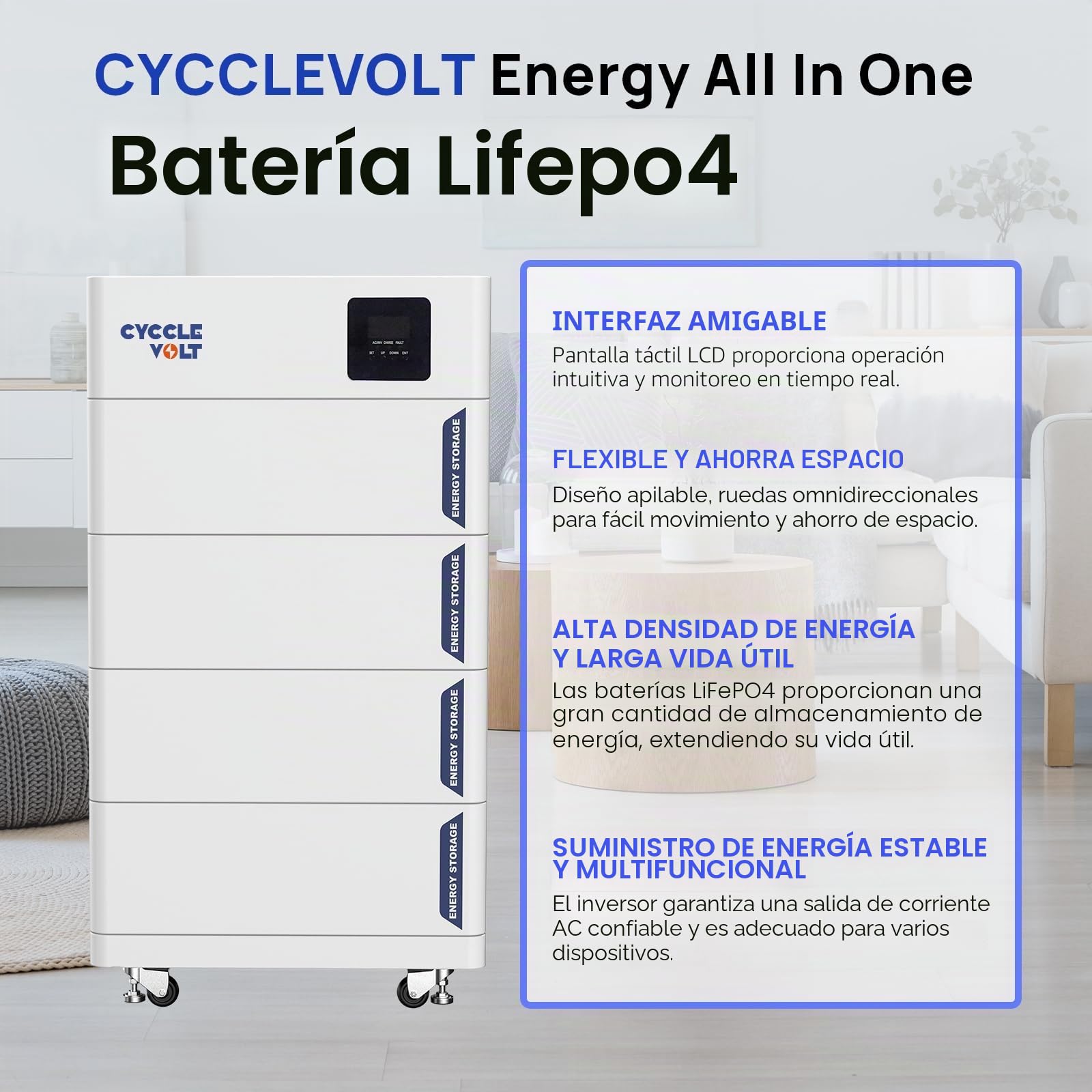 Batería Solar LiFePO4 de 48V 100Ah (5 kWh) con inversor de 5 kW, apilable, 5 kW, Modular y Ampliable, Pantalla LCD, Celdas de Clase A, Ideal para instalaciones solares