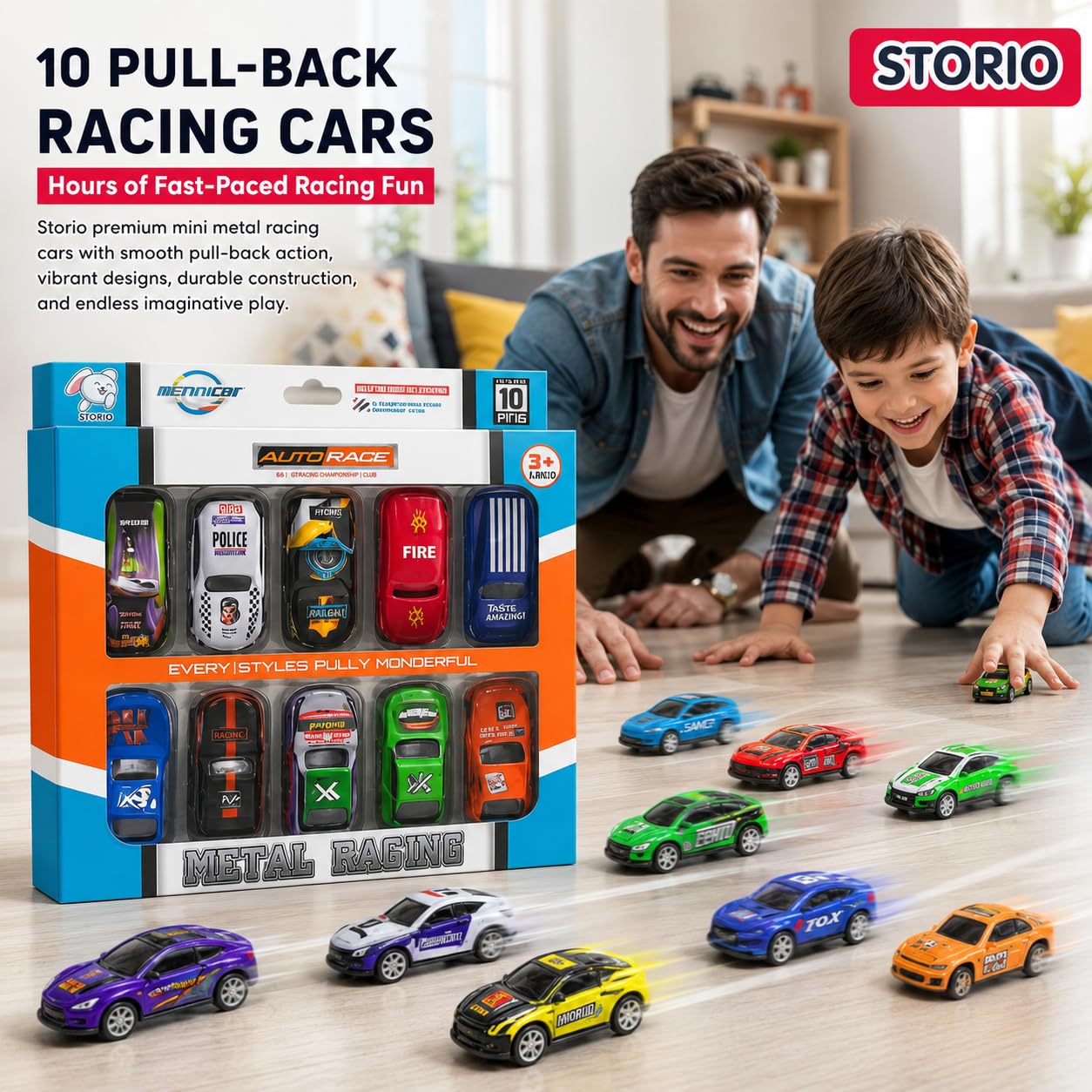 Storio Pack of 10 Racing Mini Metal Cars Set for Kids | Pull Back Vehicles | Khilona Car Toy Set for Boys | Birthday Gift, Return Gift, Diwali Toys (Racing Cars), Assorted — Amazon image 3