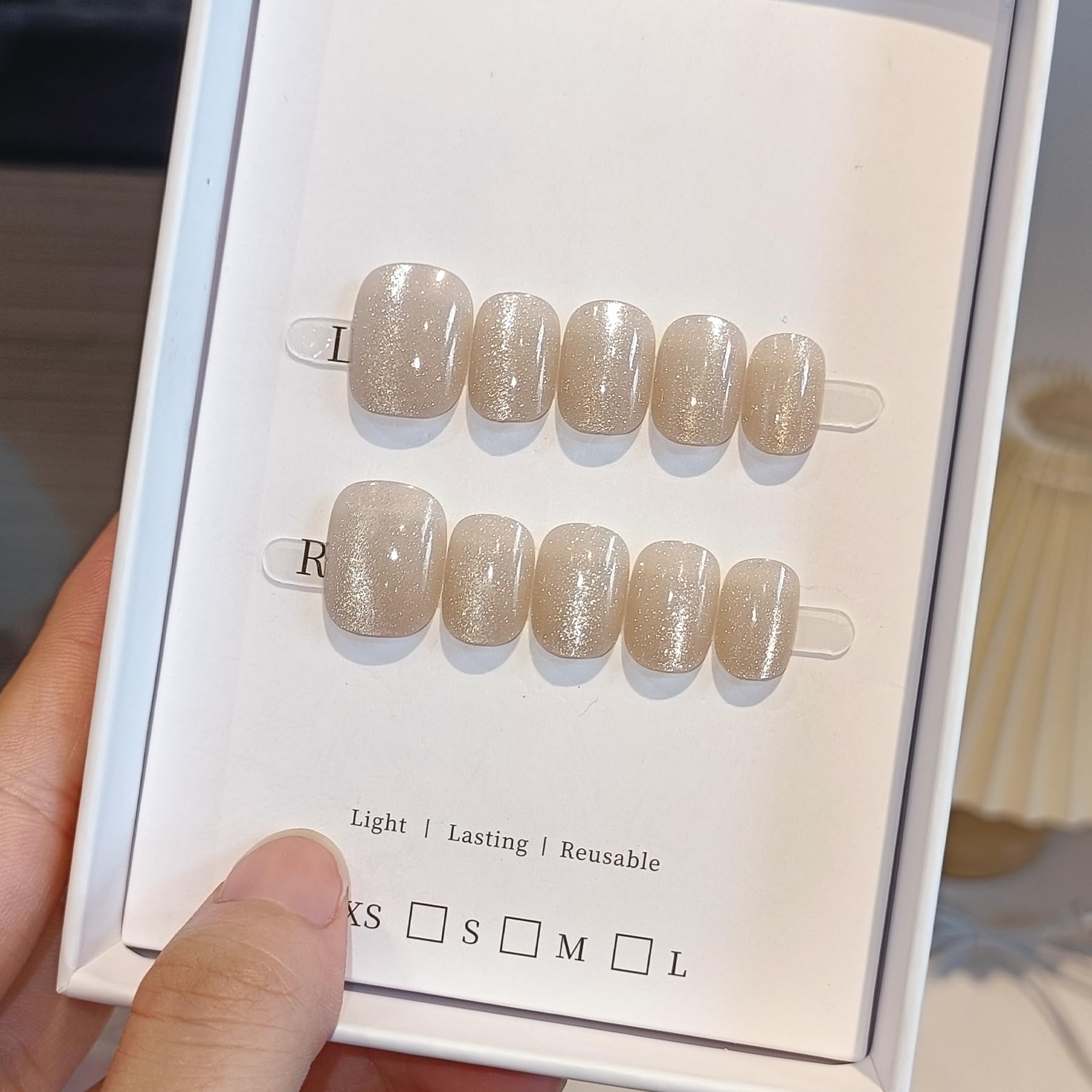 TENPAL 10PCS Short Press on Nails with Tools Kit - Icy Champagne Gold Cat Eye Soft Gel Glue on Nails,Sparkling Squoval Petite Fake Nails,Sweet & Sassy