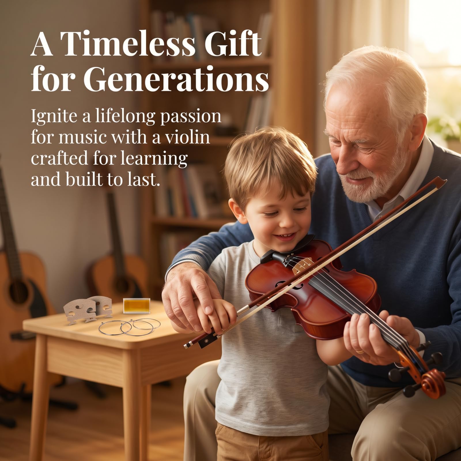 Violín para principiantes, kit de iniciación de violín acústico de tamaño completo 4/4, instrumento musical de cuerda con funda, 2 arcos de violín, 2 puentes, cuerdas, colofonia, paño de