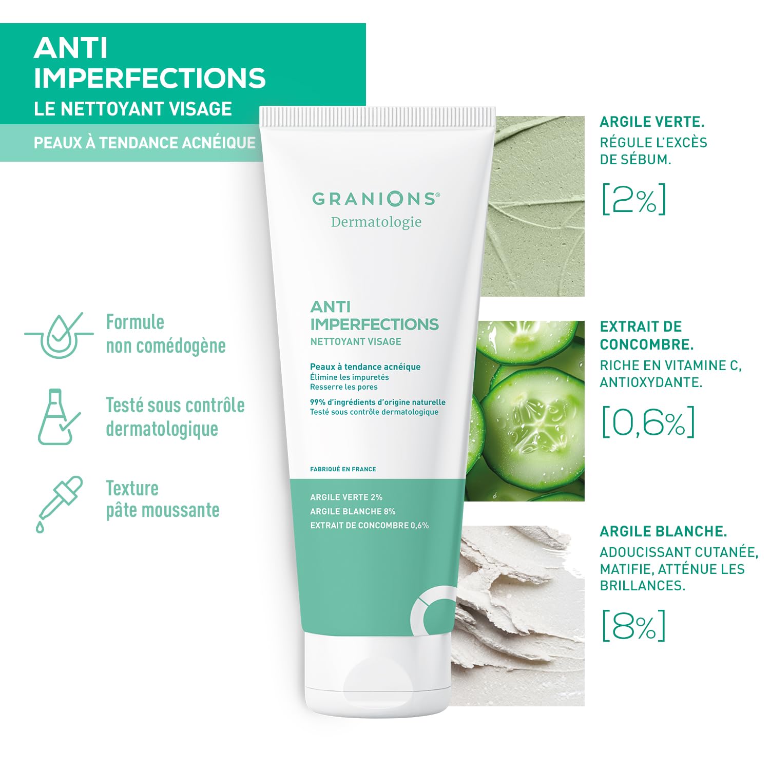 GRANIONS Nettoyant Visage Anti Imperfections - Nettoie, Hydrate & Purifie | Elimine les Impuretés & l’Excès de Sébum - Argile Verte, Argile Blanche, Vitamine C - Pour l'Acne - Résultats Prouvés - 150g