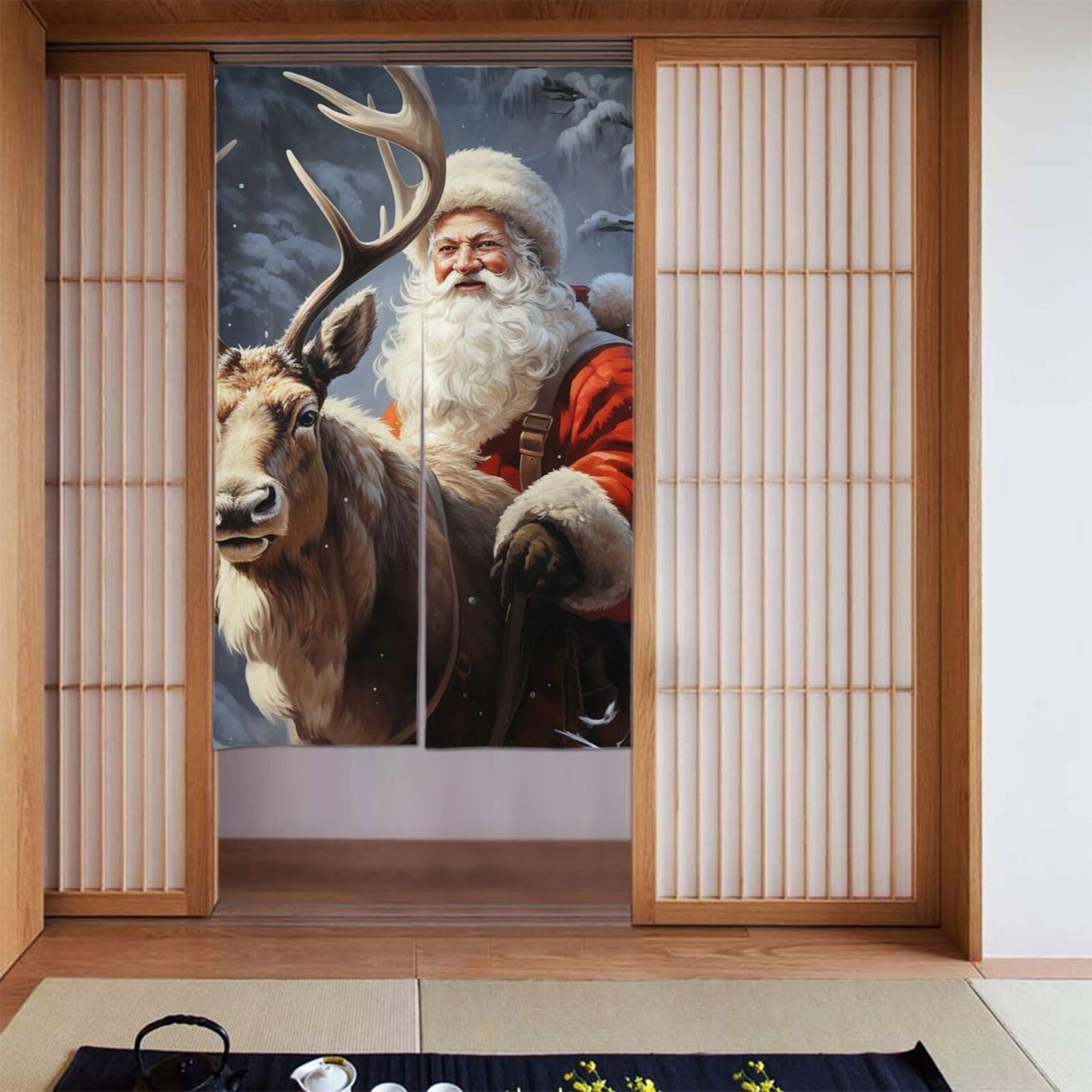 FodPand Personalized Door Curtain for Doorway Privac 34"X 56", Blackout Kitchen Curtains Window Treatment 2 Panel Santa Claus and Deer Elk Door Curtain Tapestry Hanging Room Divider Home Decor