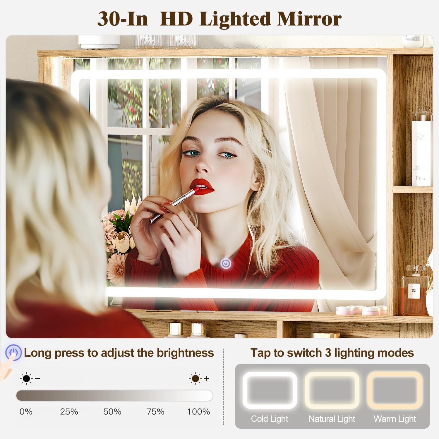 Makeup Vanity Desk with Mirror and Lights, 43.3'' Glass Tabletop Vanity Table with 5 Drawers & Shelves,Big Vanity Set for Bedroom, Oak