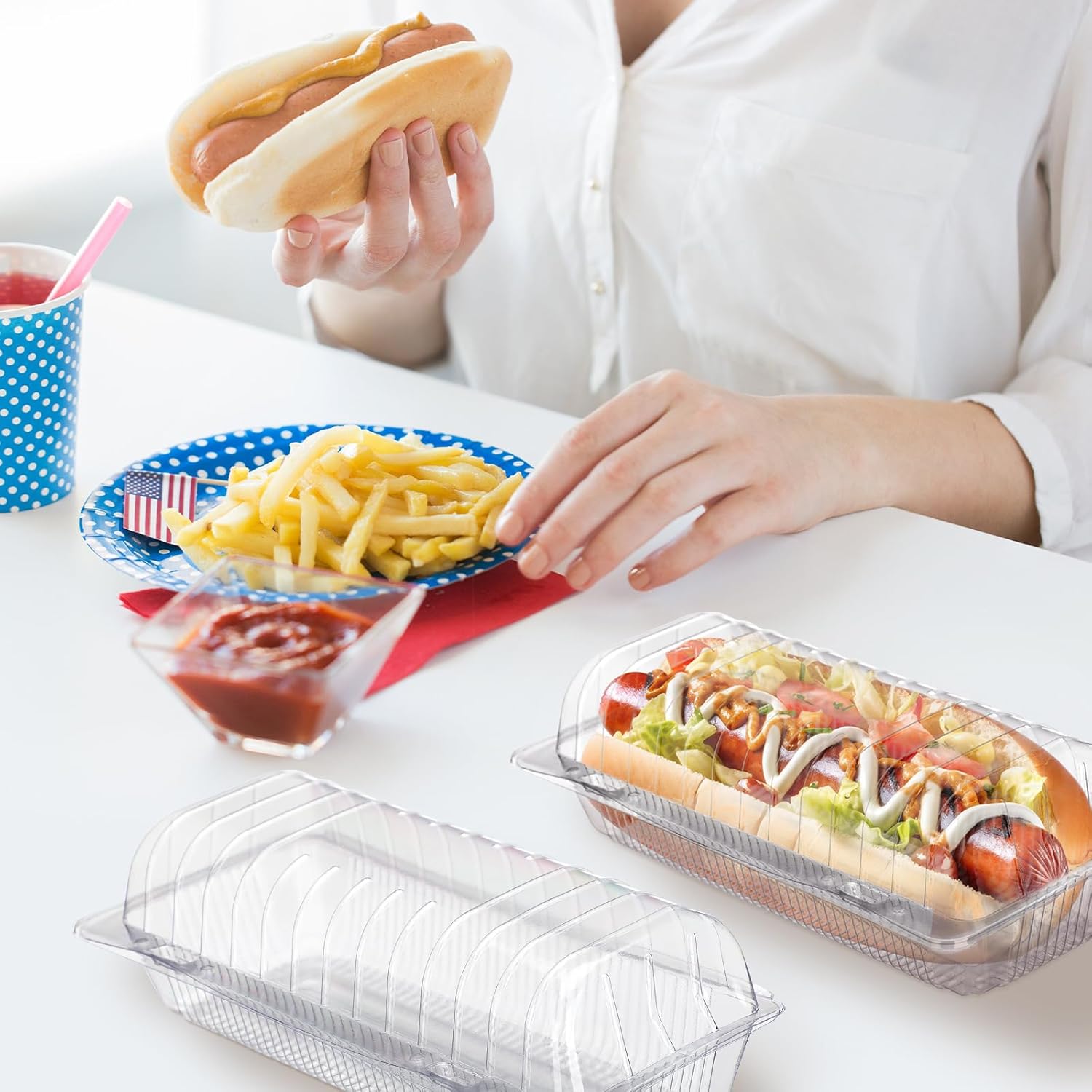 60pcs Clear Plastic Hot Dog Tray with Hinged Lid 8.86 x 3.94 x 2.76 Inch Hot Dog Container Disposable Clamshell Take out Containers Cake Slice Containers for Bakery Dessert Salad - Image 4