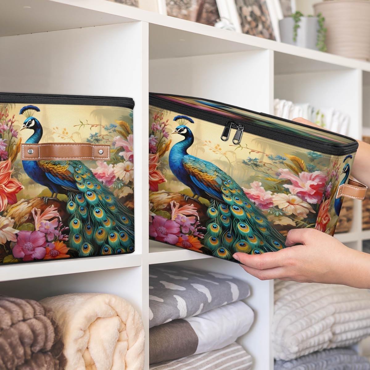 Storage Bin Set of 2 Flower Peacock Storage Basket with Zipper Lid & Handle Foldable Closet Shelf 2 Pack Cloth Organizer Basket Cube Bins Clothes Organizer for Bedroom, Nursery