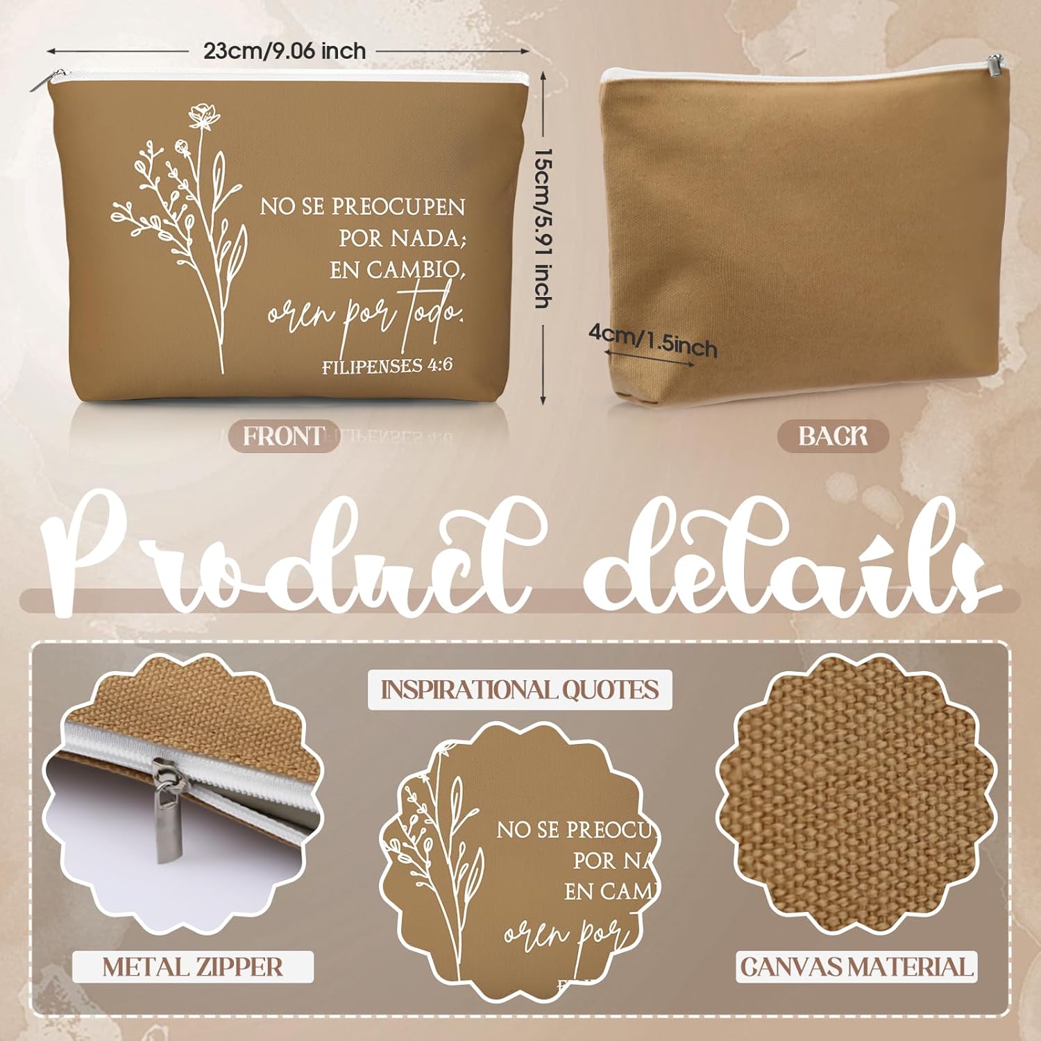 Reginary 10 Set Christian Gifts for Women Bulk Include 10 Religious Canvas Makeup Bags 10 Bible Verse Compact Mirrors Easter Inspirational Church Gifts Sister Mom(Neutral Colors,Spanish Style) - Image 2