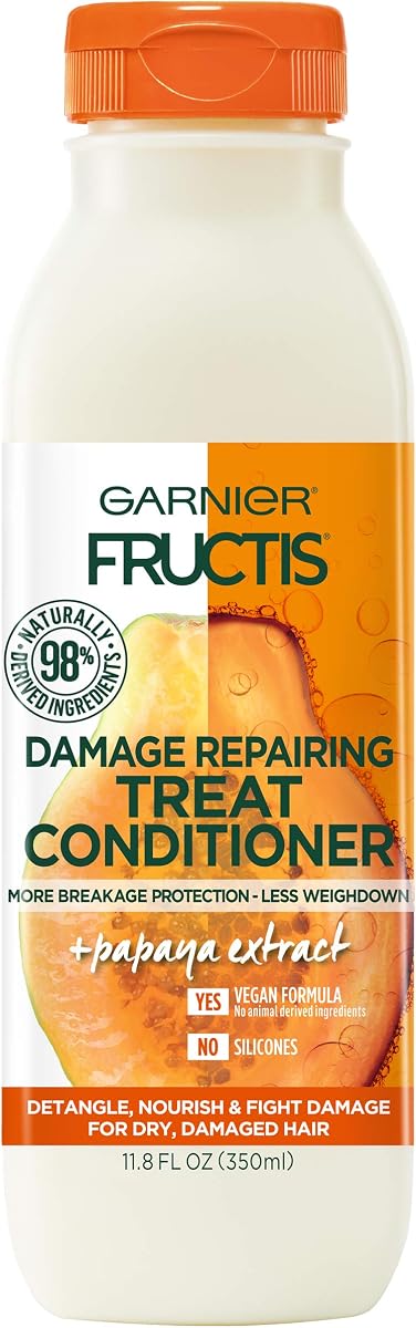 Fructis Damage Repairing Treat Conditioner, 98% Naturally Derived Ingredients, Papaya, Nourish Dry Damaged Hair, 11.8 Fl Oz