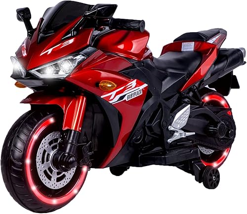 Motocicleta eléctrica para niños de 12 V, juguete de motocicleta eléctrica con ruedas de entrenamiento, suspensión de resorte, luces LED, sonidos y