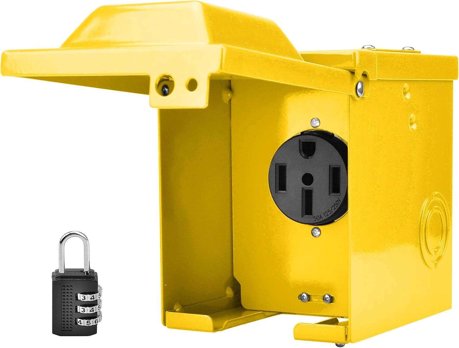 RVGUARD 50 Amp 125/250 Volt RV/EV Power Outlet Box, Enclosed Lockable Weatherproof Outdoor Electrical NEMA 14-50R Receptacle Panel, Yellow, ETL Listed