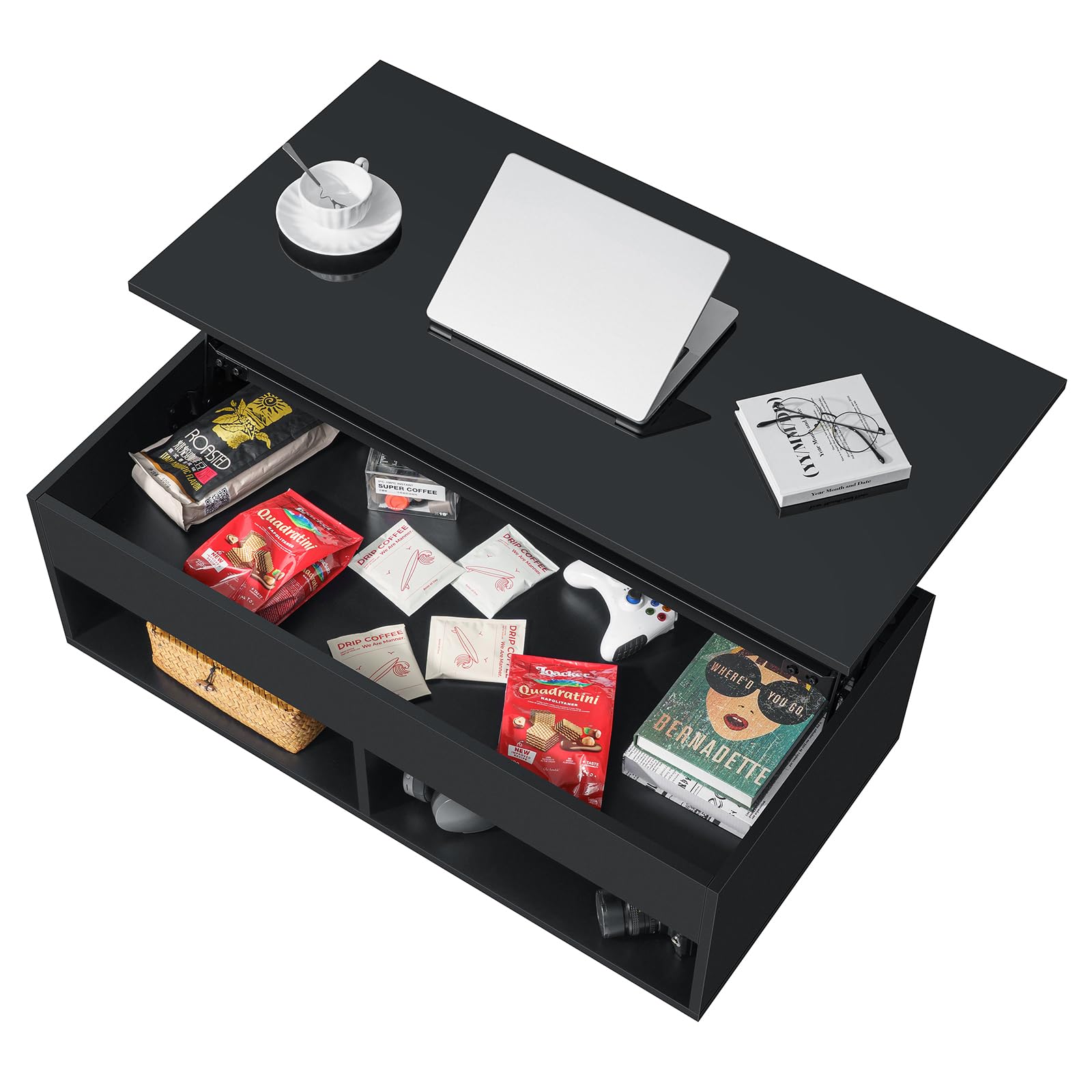 HOMMPA Lift Top Coffee Table with Hidden Storage LED Coffee Table Morden High Gloss Black Living Room 3 Tiers Modern Tea Table with Storage Center Tables Hidden Compartment & 2 Open Shelves