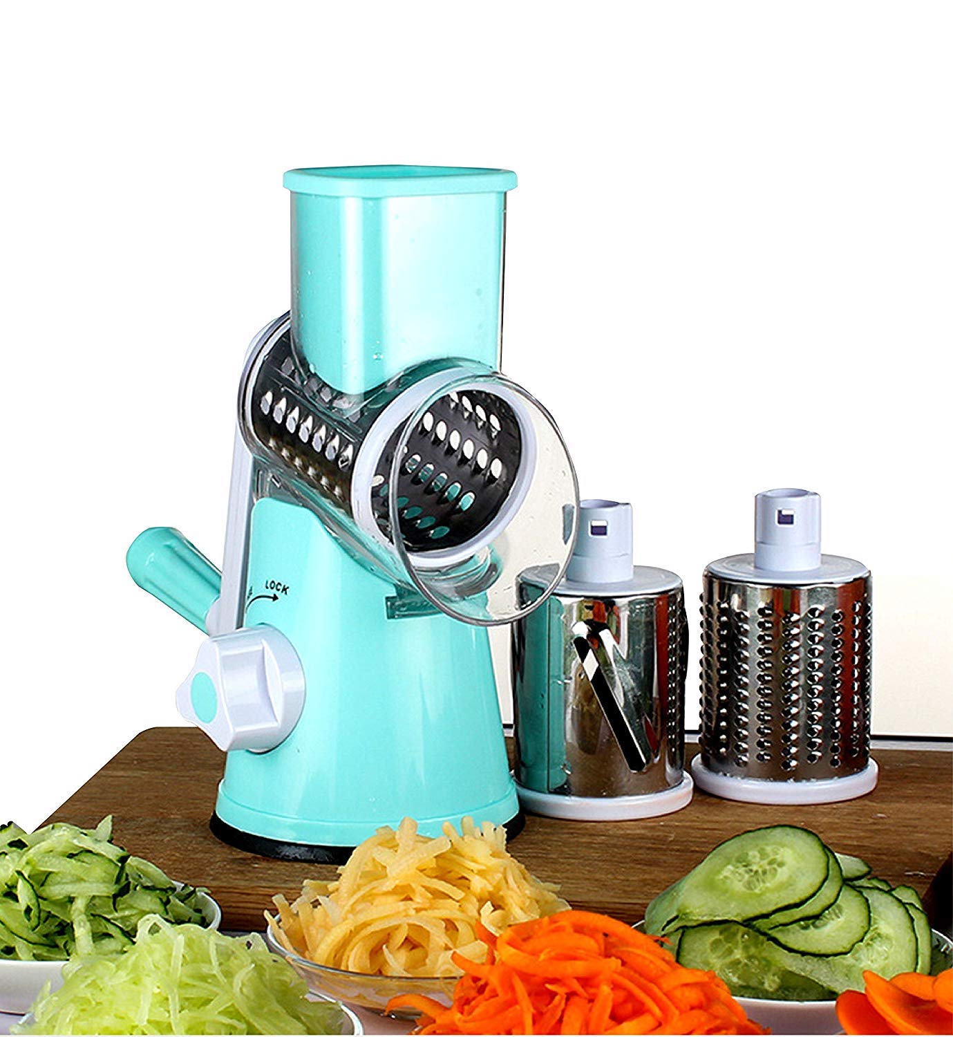 Adjustable 3 Different Types of Stainless Steel Manual Rotating Vegetable Chopper Round Veggie Chopper Mandoline Slicer- Vegetable Slicer/Cutter - Potato Slicer - Cheese Grater- Food Slicer