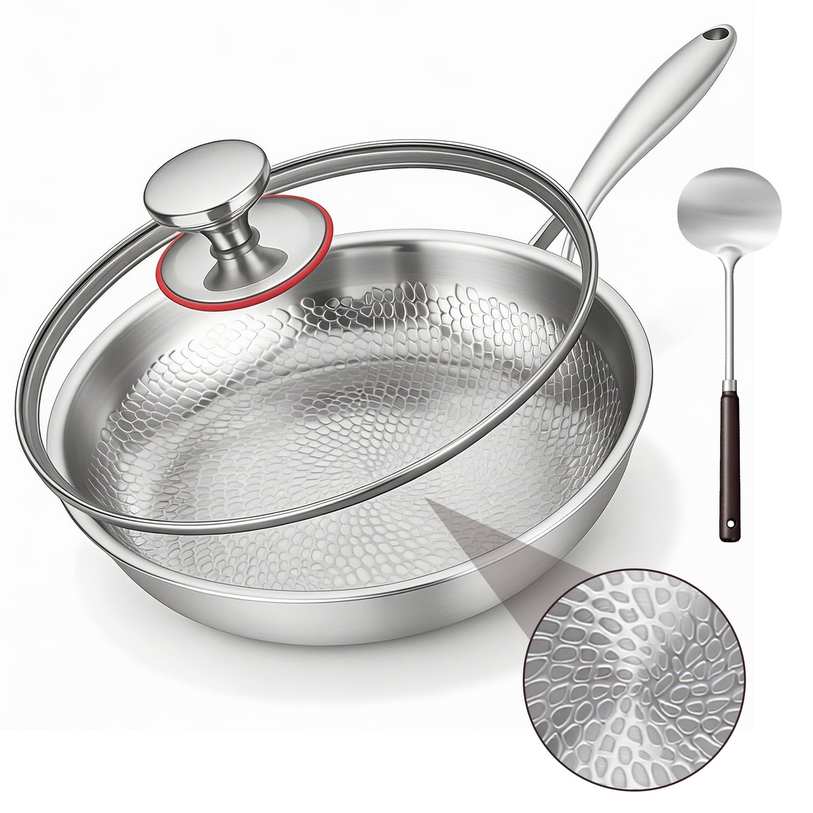 Padella in titanio generica con spatola, antiaderente wok martellato in titanio per cucinare, utensili da cucina versatili per friggere, cuocere, bistecca, ristorante (26 cm)