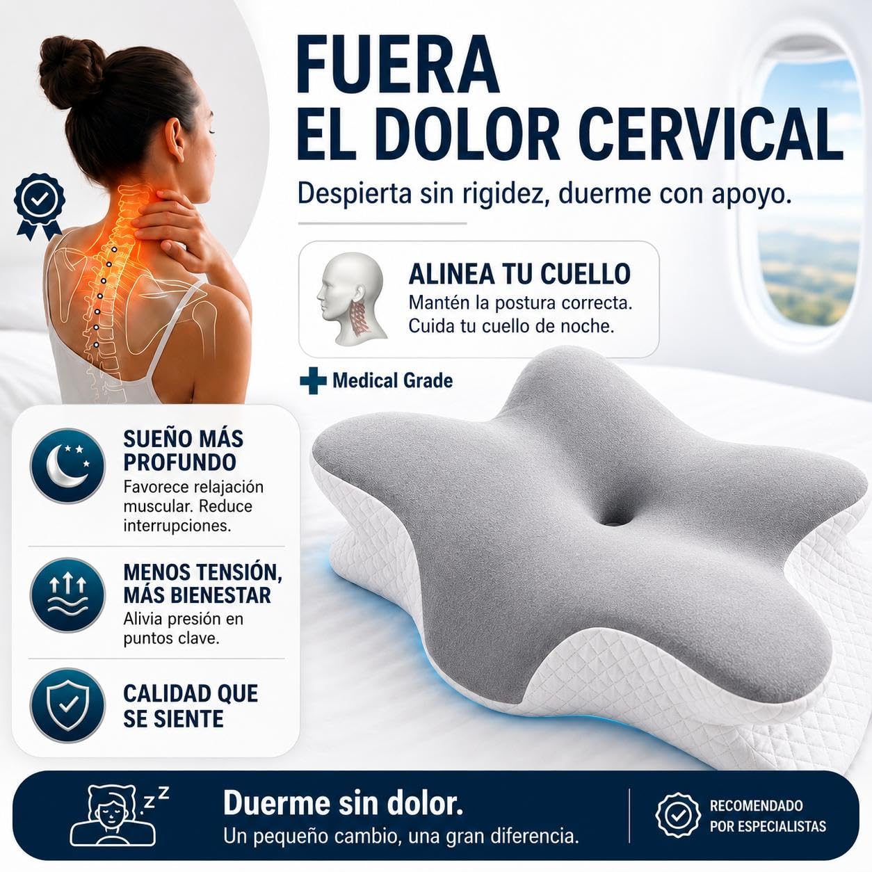 Almohada Japonesa para Dormir, Almohada Cervicales y Cuello Viscoelástica, Mariposa Memory Foam Ergonómica para Cuello y Nuca, con Bolsa y Antifaz