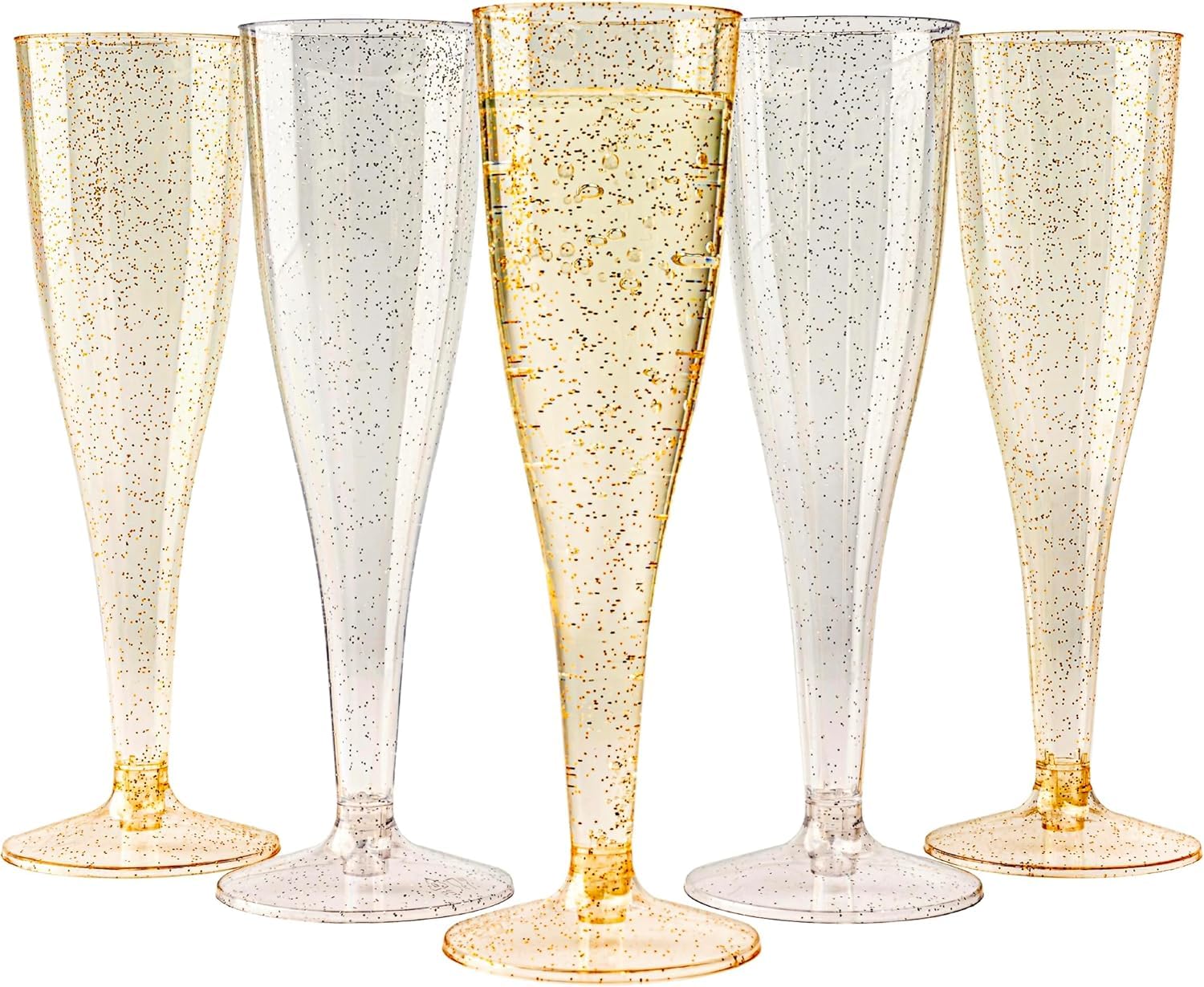 MATANA 48 Premium Plastic Champagne Flutes with Gold & Silver Glitter, 133ml, Elegant & Reusable Toasting Glasses