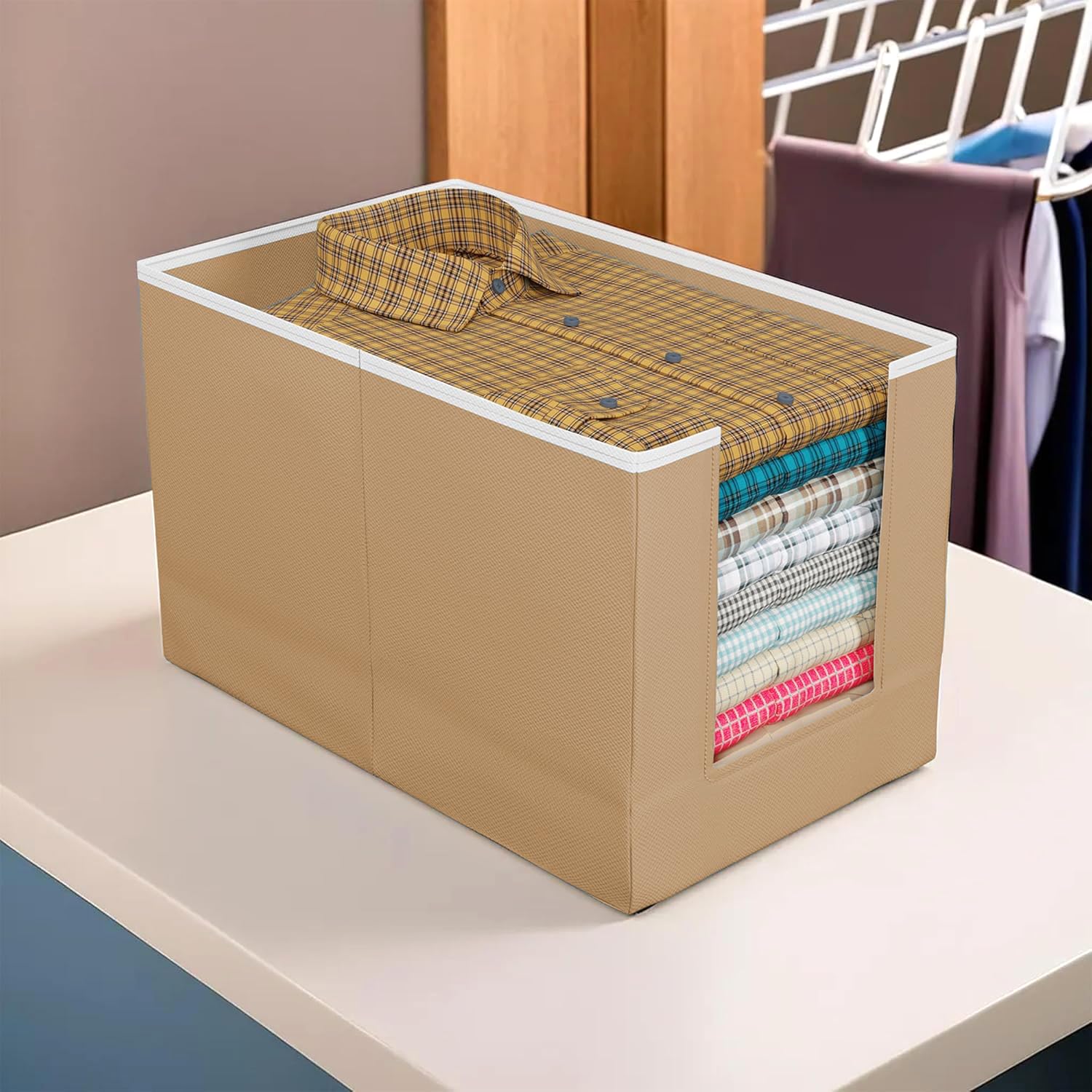 ALISHIBA CASA Clothes Storage box Non Woven Shirt Stacker/Cloth Storage Foldable Wardrobe/closet Organizer With Handle For T-shirts Shirts & Clothe Set of 1 - Beige-image-39
