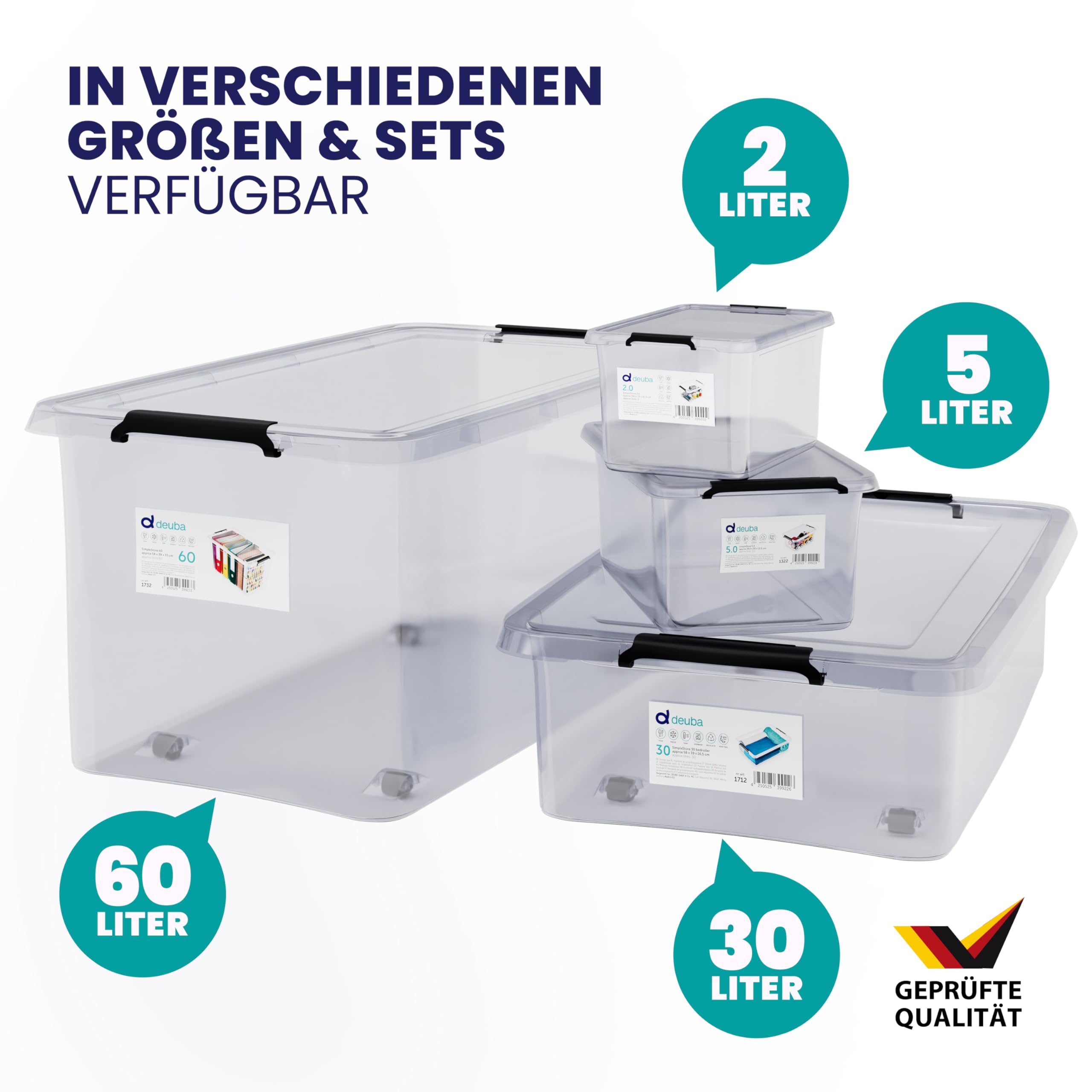 Deuba® Aufbewahrungsboxen 4 x 30l mit Deckel und Rollen, stapelbar, transparent Kunststoff BPA-frei Klickverschluss, RB60 für Büro, Garage, Waschraum