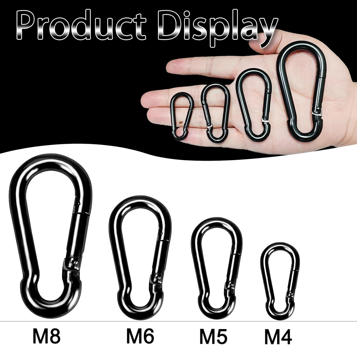 Carabiner Clips Black Twours Spring Snap Hooks Small Carabiners Heavy Duty Galvanized Steel Quick Links for Rust-Resistant Keychain Clips Outdoor Hiking Camping Hammock Fishing 1.56" 1.97" 2.36" 3.15"