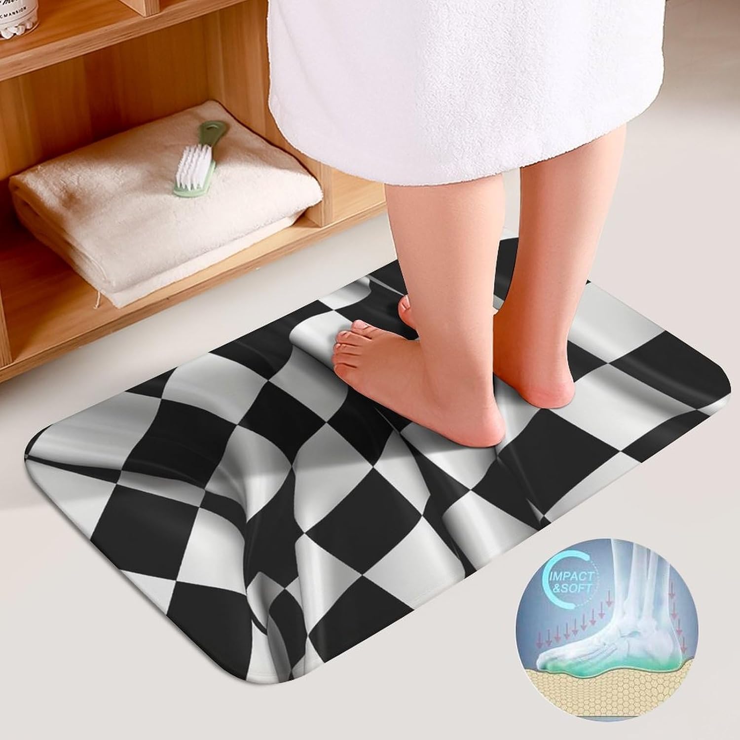 Anti-Skid Floor Mats 3 Piece Set,Black White Checkered Flags Printed Coral Fleece Bathroom Mats U-Shaped Contour Mat Toilet Seat Cover for Bathroom, Tub, Shower, Kitchen 19.7"x31.5"