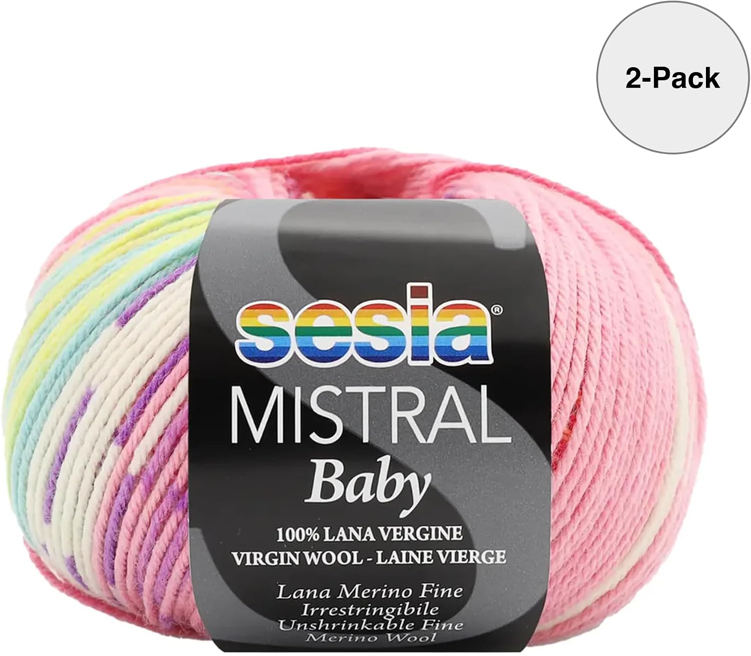 2 Skeins, 100% Fine Merino Wool Unshrinkable, 382 Yds/3.50 oz., Needles US 2.5-4, Multicolor Yarn for Knitting and Crocheting Sesia Mistral Baby (2, Multicolor - 444)