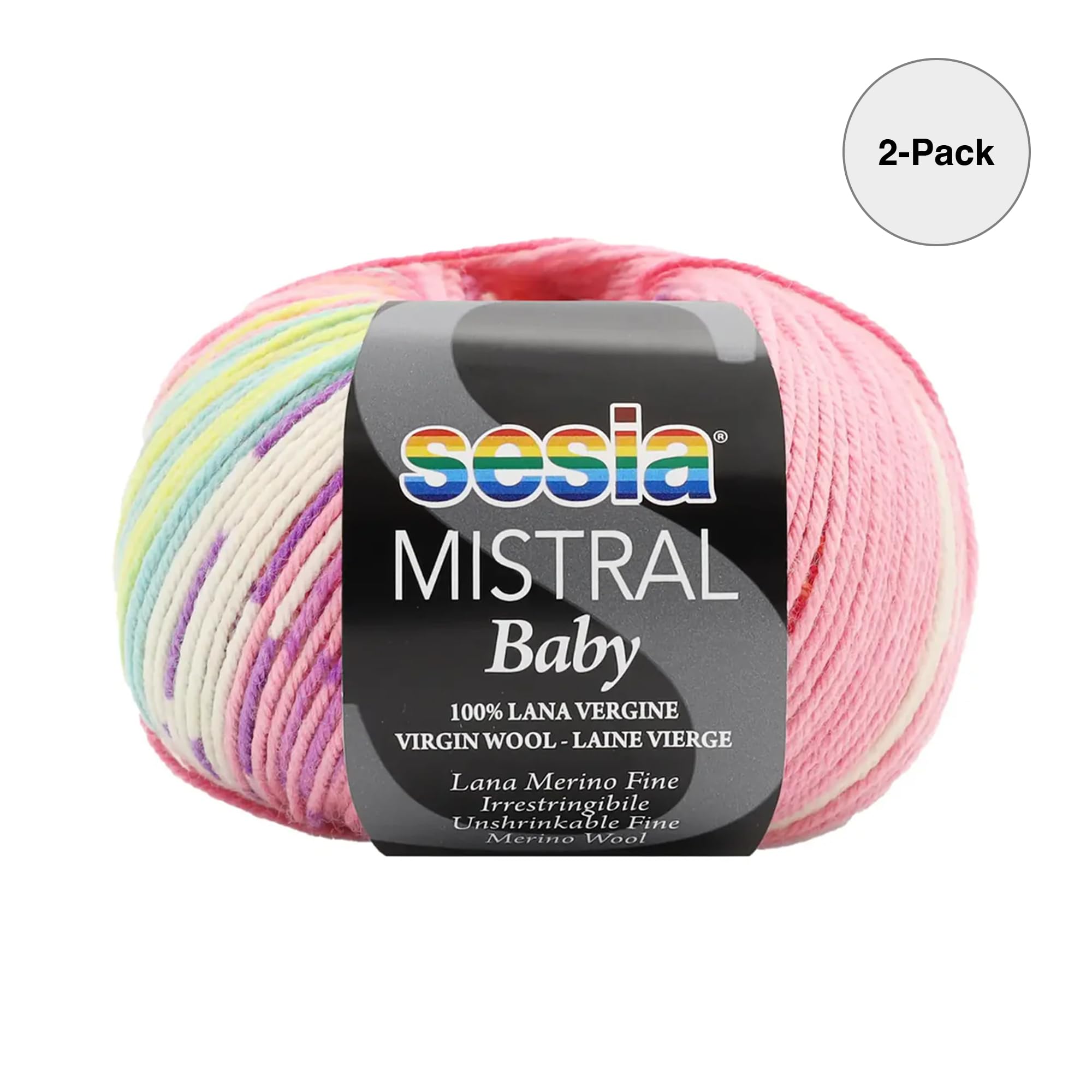 2 Gomitoli 100% Lana Merino Fine Irrestringibile, Sesia Mistral Baby, 100 gr. 350 mt (Fantasia - 444, 2) (Confezione da 2)
