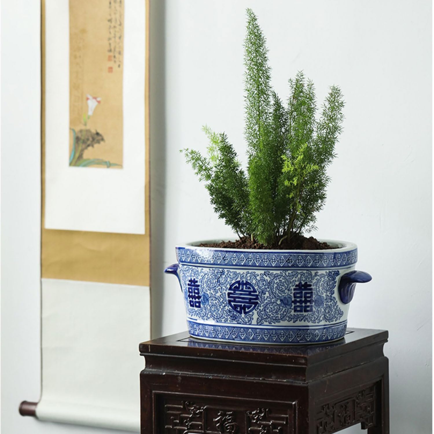 DFGHNBVC Ceramic Succulent Pots — 14.5” Cute Vintage Farmhouse Style Planters For Indoor Plants — Chinoiserie Blue And White Porcelain Planter Beautiful Home Kitchen Decor