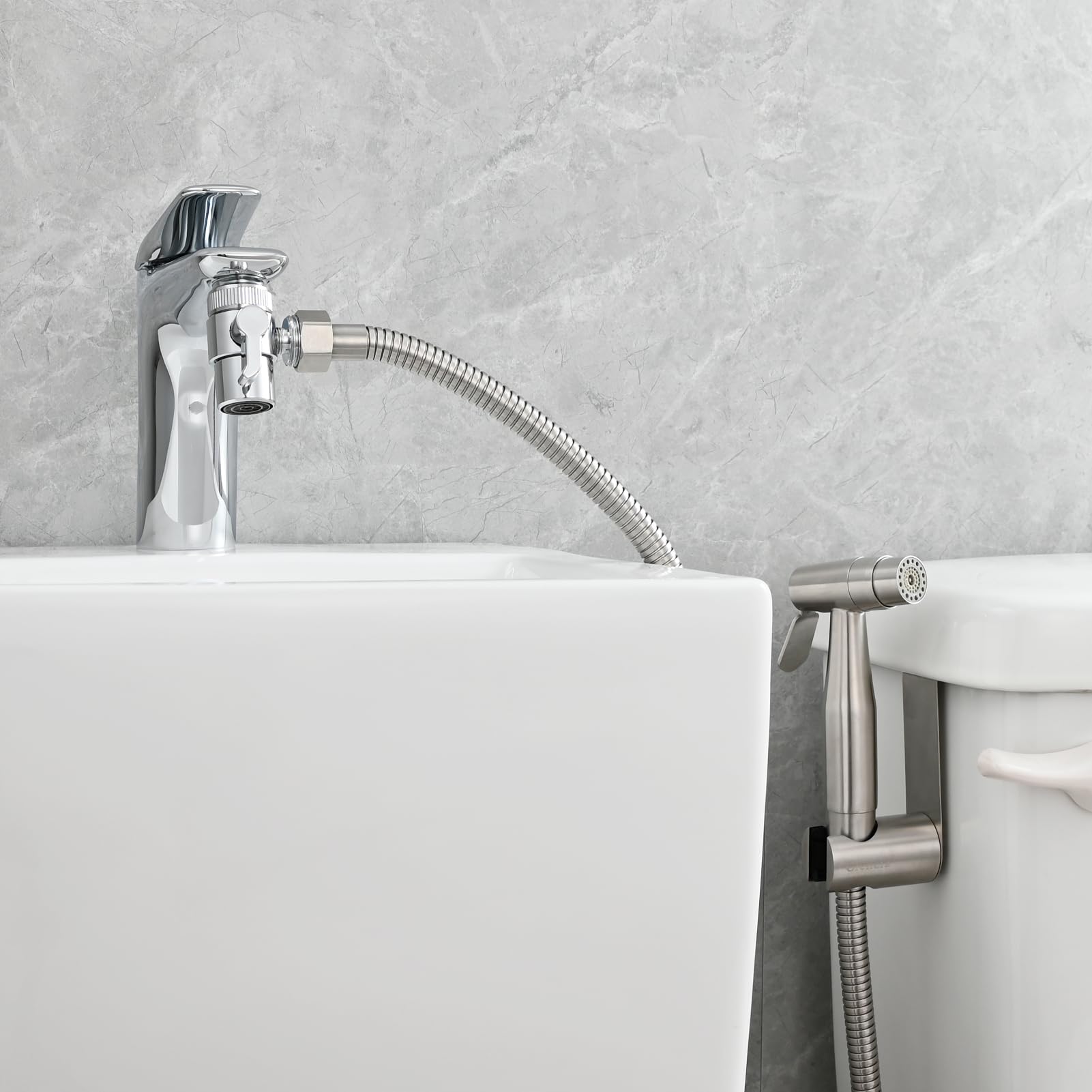 Tecmolog Bidet Handbrause Edelstahl Bidet Duschkopf Set 2 Strahlart Bidet Sprayer mit 2m Edelstahl Schlauch, Duschkopfhalter und 2 Wege Umschaltventil, WS024AF4