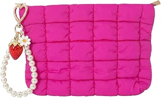 Purple Soft Quilted Puffer Makeup Bag for Women Teens Puffy Travel Cosmetic Pouch Toiletry Organizer Bag with Pearl Bracelet (Br1-PU) (Br1-HP)