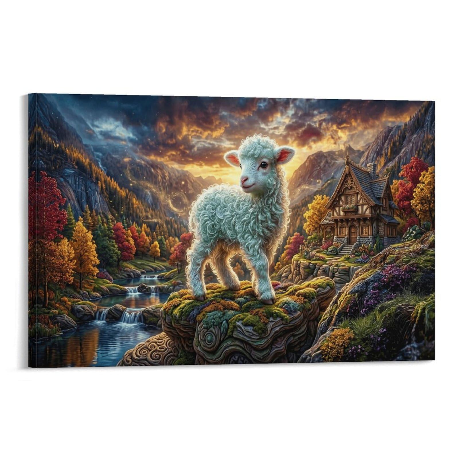 XPASHIQWC Curly‑Furred Lamb Poster Artwork Valley Stream Cabin Giclee Canvas Prints Modern Canvas Wall Art Picture Wall Hanging for Office Gym Living Room Decor 20x30inch(50x75cm)