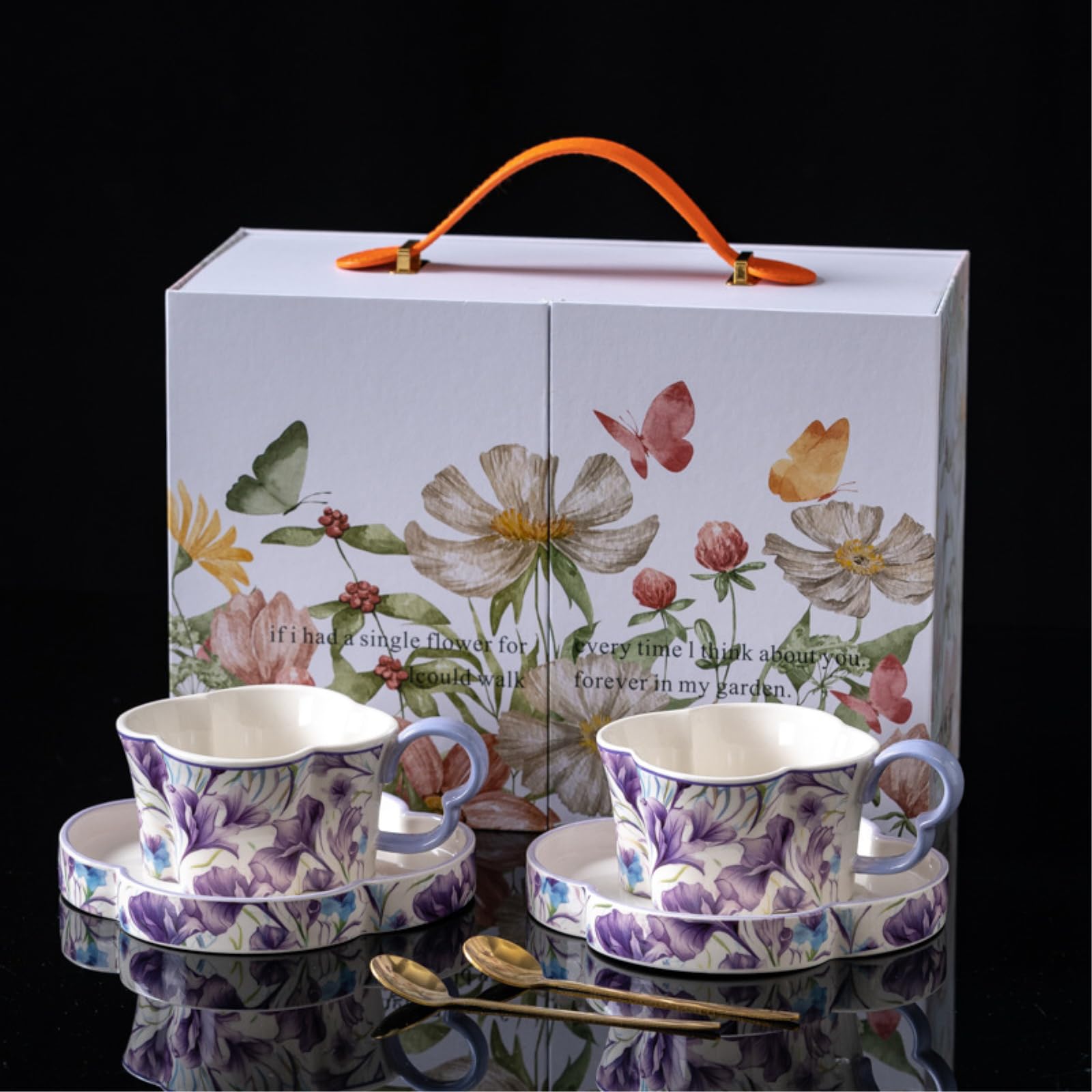 Ceramiczny zestaw filiżanek do kawy i spodków, 255 ml, pusta orchidea, kwiatowy wzór, 2 filiżanki i 2 spodki